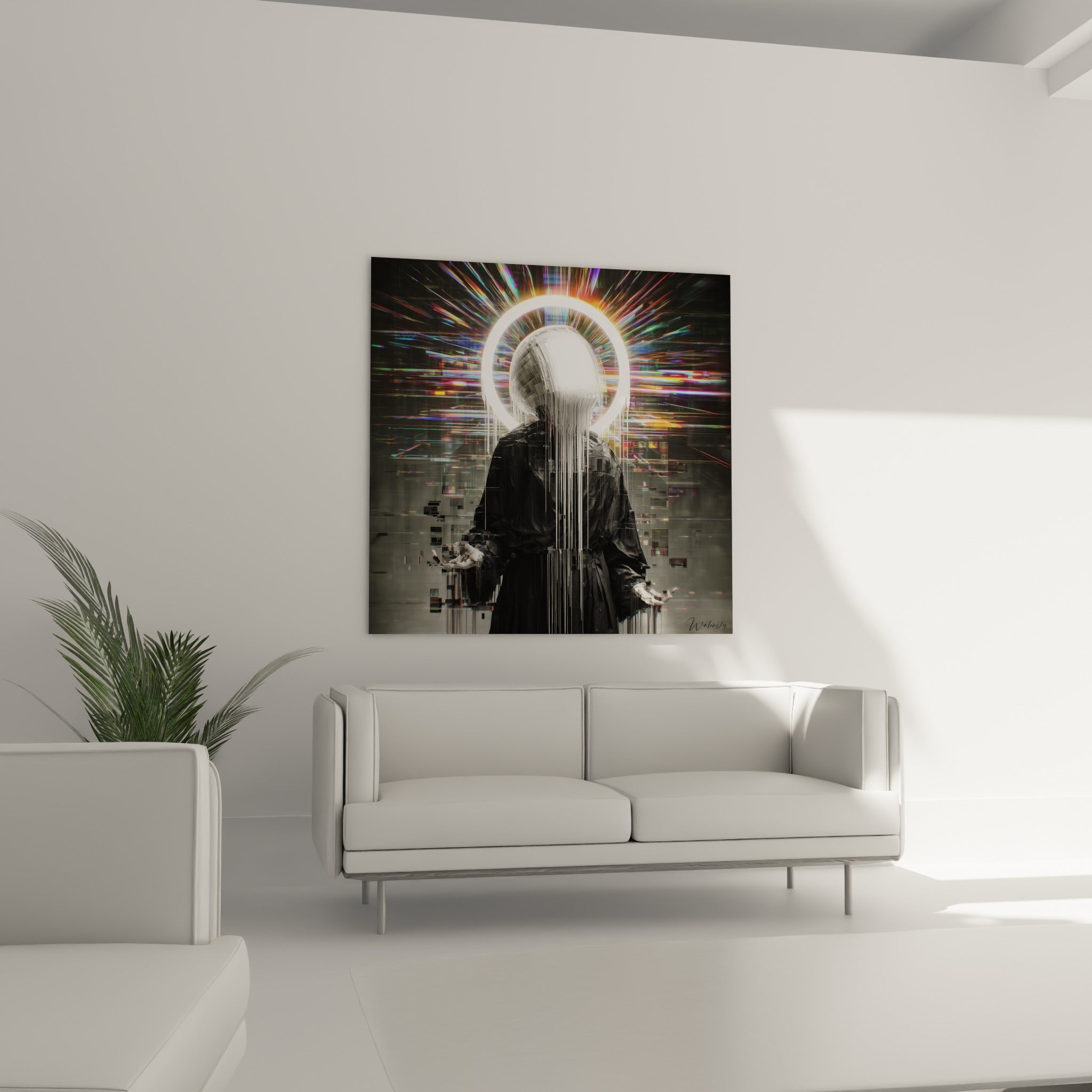 Personnage numérique noir et blanc entouré d'éclats colorés, accroché au-dessus d'un canapé dans un salon lumineux