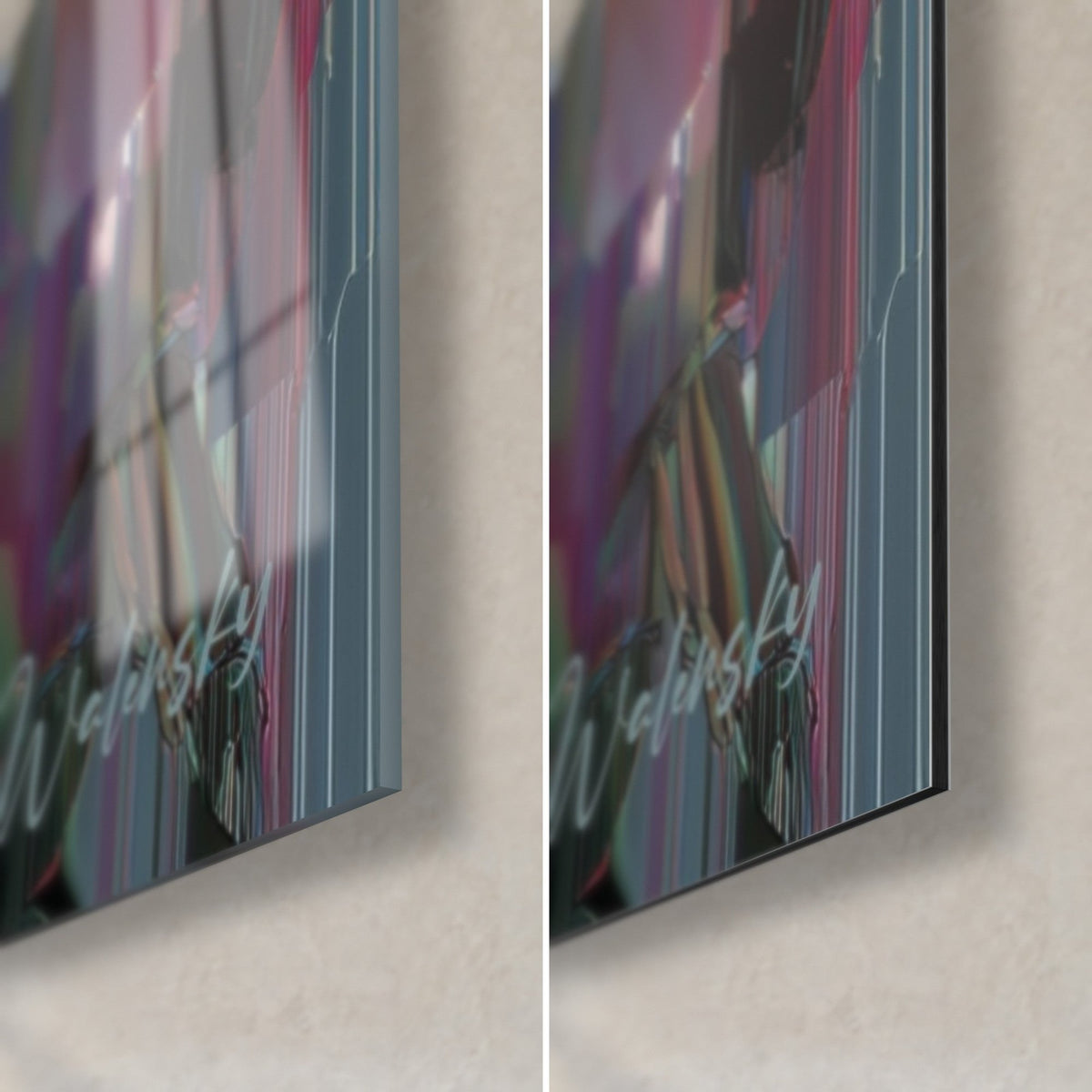 Tableau roses glitch en bandes rose et bleu ardoise, coin bas droit : verre acrylique brillant à gauche, Dibond mat à droite, tranche 3 mm