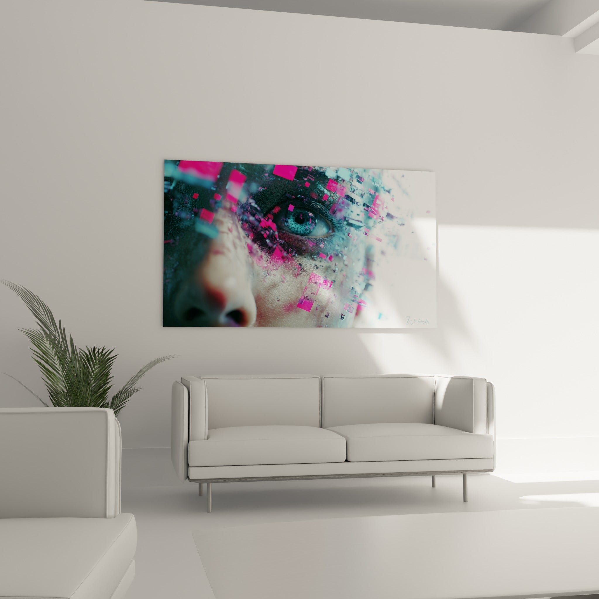 Fragments roses et bleu turquoise dissolvant un visage Cyberpunk, au-dessus d'un canapé dans un salon lumineux