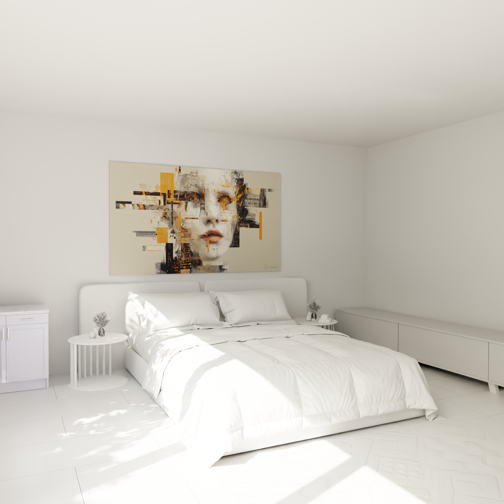 Portrait Cyberpunk anthracite et orange au-dessus d'un lit dans une chambre claire et épurée