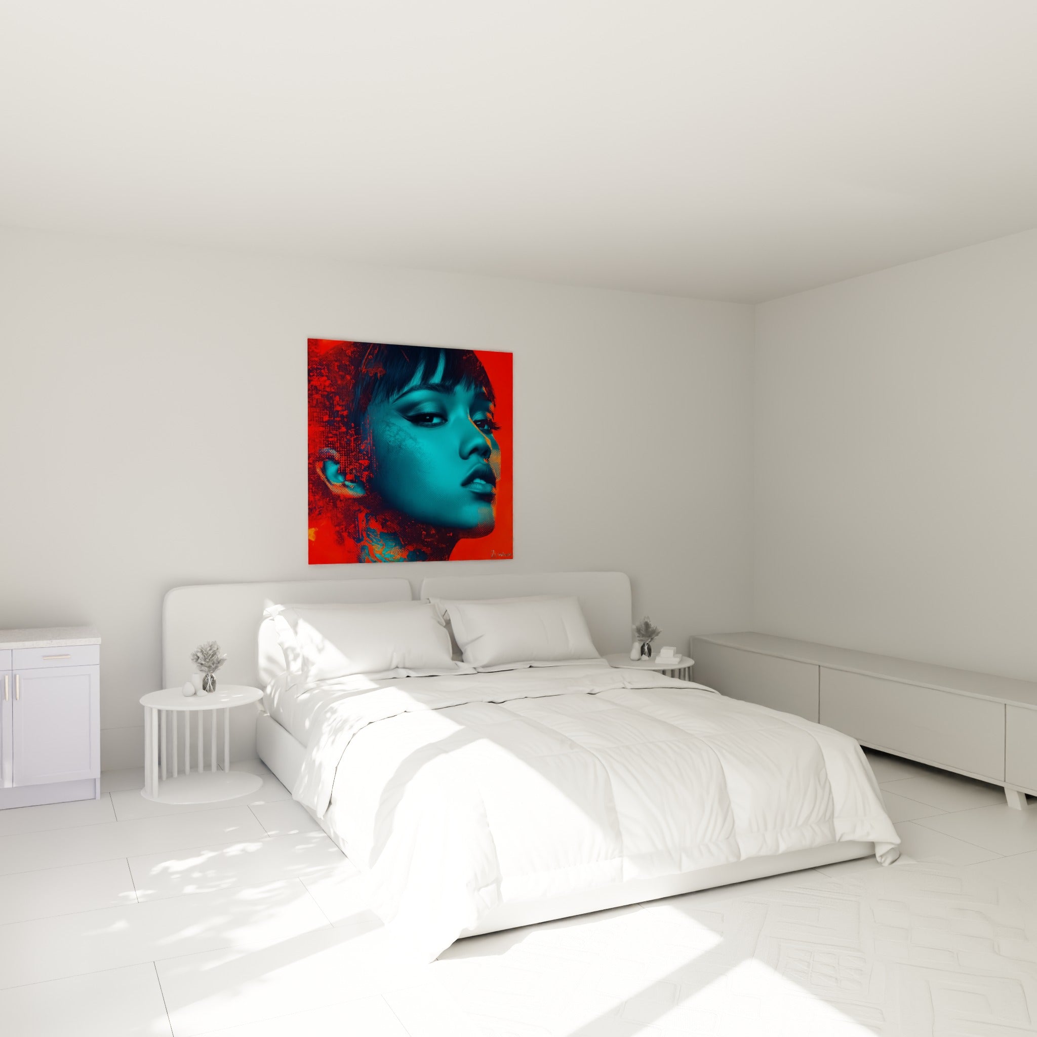 Portrait Cyberpunk rouge et turquoise au-dessus d'un lit dans une chambre claire, regard intense