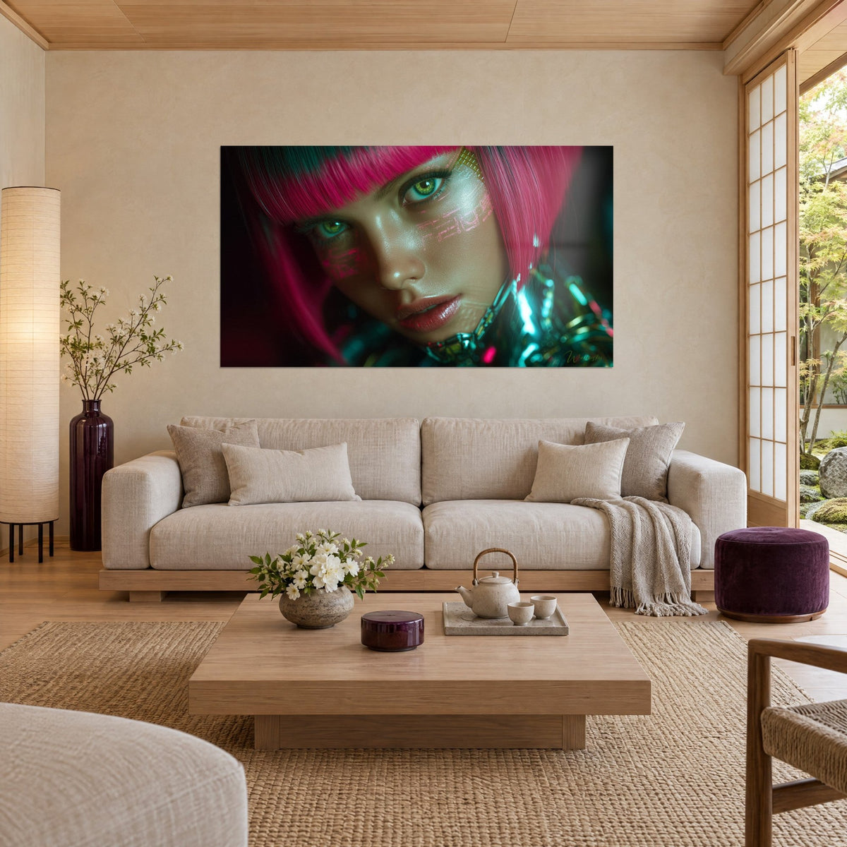 Schilderij cyberpunkportret met fuchsiakleurig haar en groene ogen, lichtgevende circuits op de wang, boven een bank in een lichte woonkamer