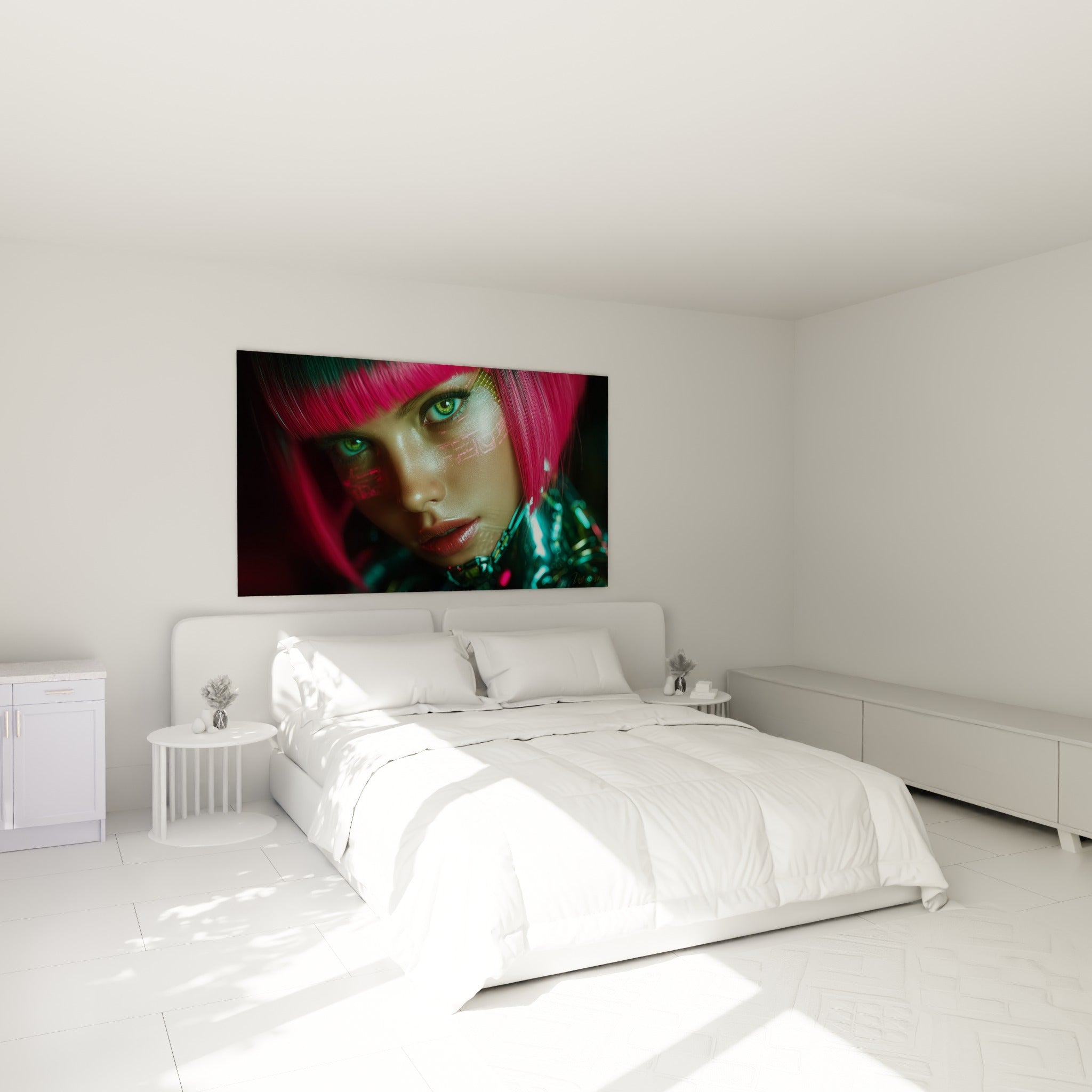 Portrait Cyberpunk rose fuchsia et turquoise accroché au-dessus d'un lit dans une chambre claire