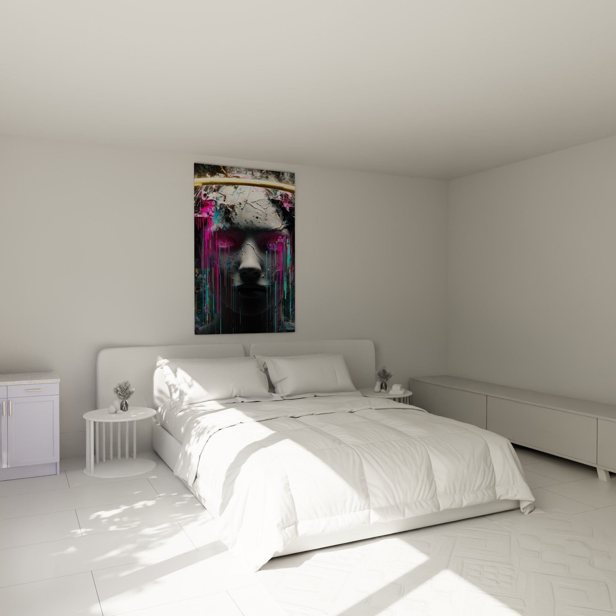 Portrait Cyberpunk fissuré aux teintes roses et turquoise au-dessus d'un lit dans une chambre claire