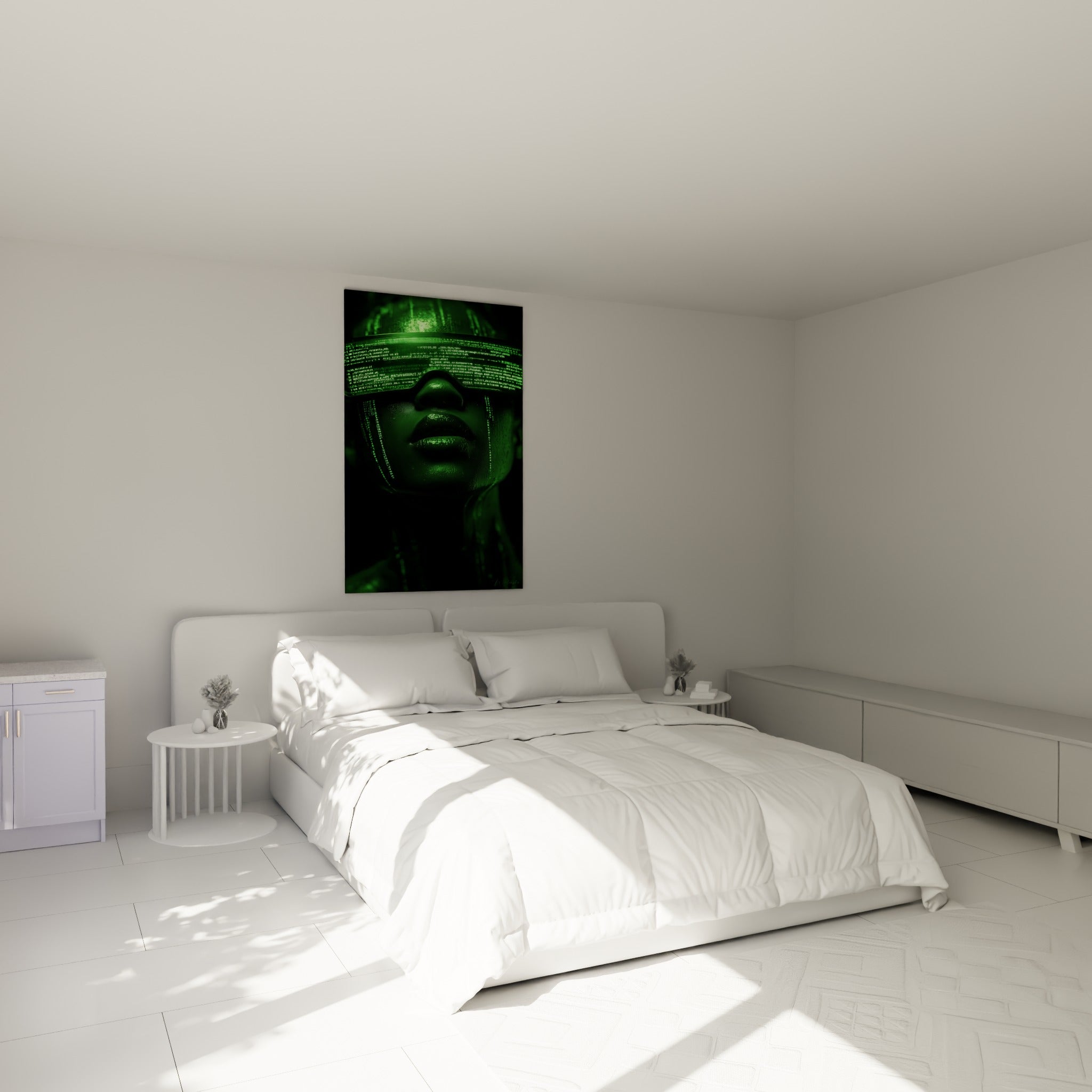 Portrait numérique vert émeraude Cyberpunk au-dessus d'un lit dans une chambre claire