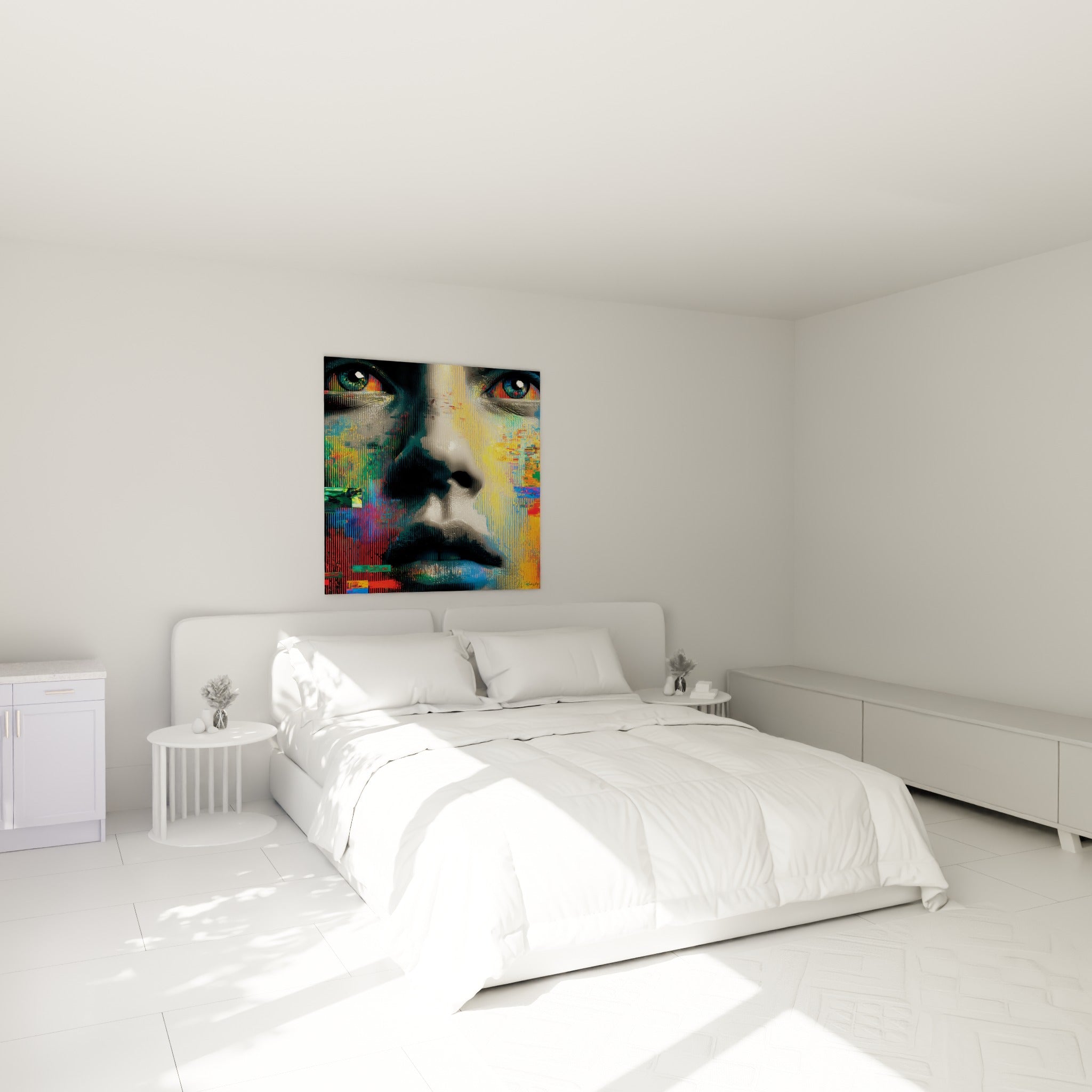 Portrait Cyberpunk pixelisé jaune et bleu accroché au-dessus d'un lit dans une chambre claire