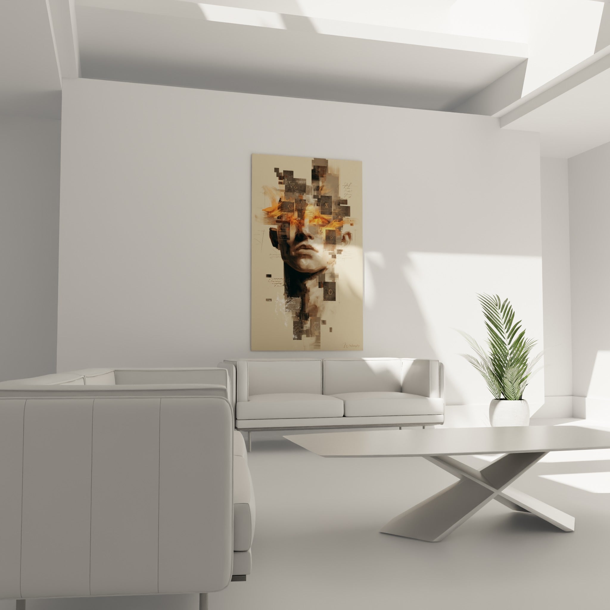 Figure Cyberpunk aux yeux enflammés orange, crâne fragmenté au-dessus d'un canapé dans un salon lumineux