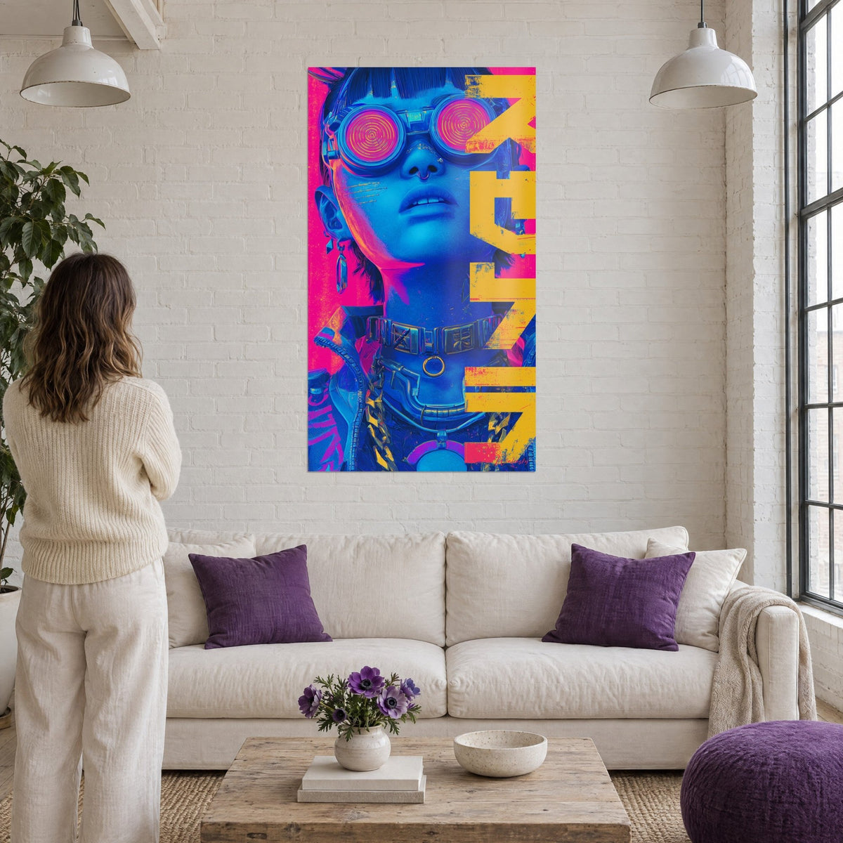 Tableau portrait cyberpunk aux lunettes à spirales roses et peau bleue, lettrage jaune, au-dessus d'un canapé dans un salon lumineux