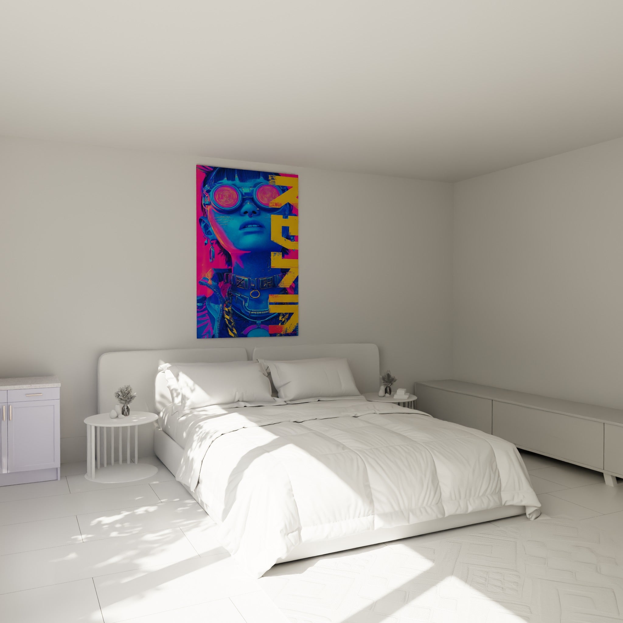 Portrait Cyberpunk bleu et rose fuchsia accroché au-dessus d'un lit dans une chambre claire