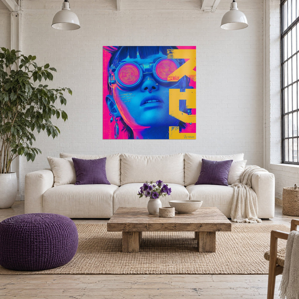 Tableau portrait cyberpunk au visage bleu électrique, lunettes à spirales roses sur fond magenta, au-dessus d'un canapé dans un salon lumineux