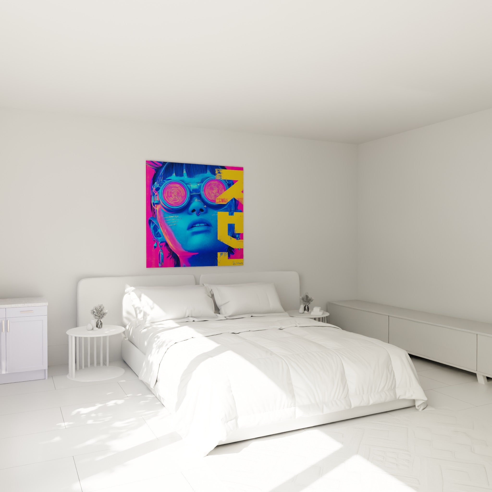 Portrait bleu et fuchsia Cyberpunk aux spirales roses, au-dessus d'un lit dans une chambre claire