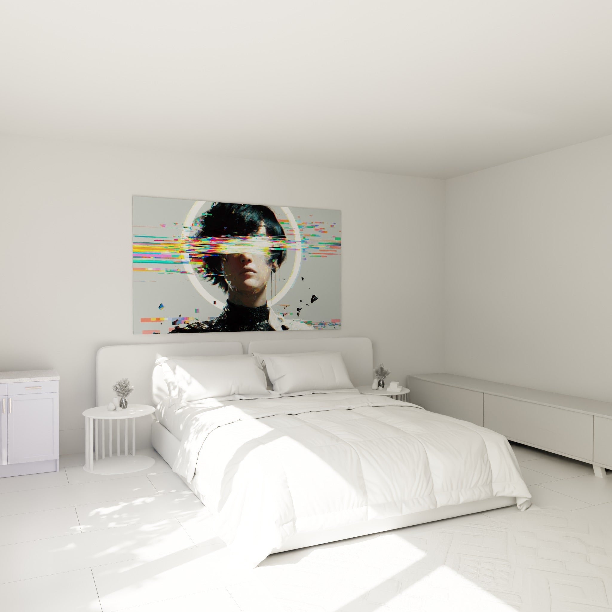 Portrait glitch gris et multicolore accroché au-dessus d'un lit dans une chambre claire
