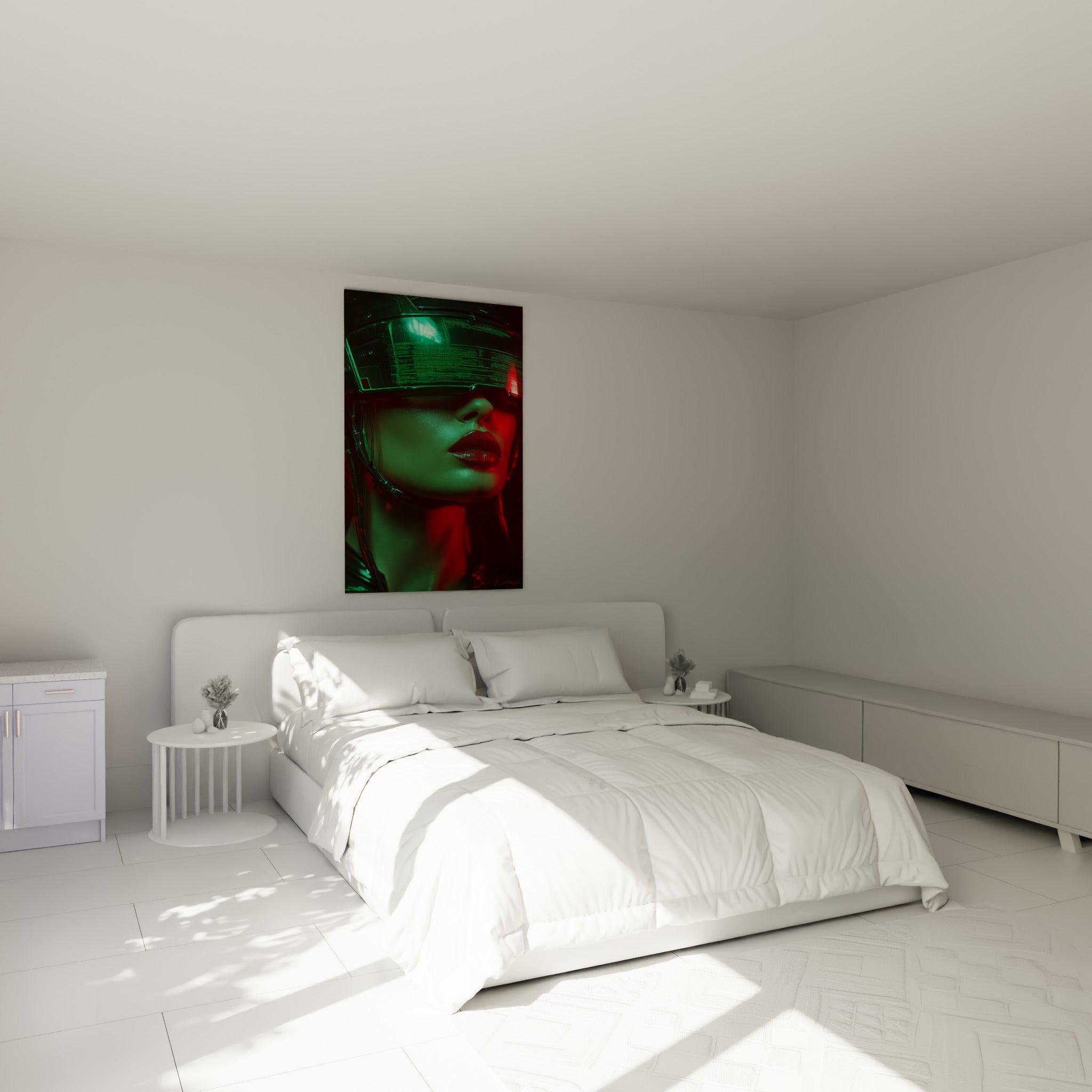 Portrait Cyberpunk aux teintes vertes et rouges intenses, accroché au-dessus d'un lit dans une chambre claire