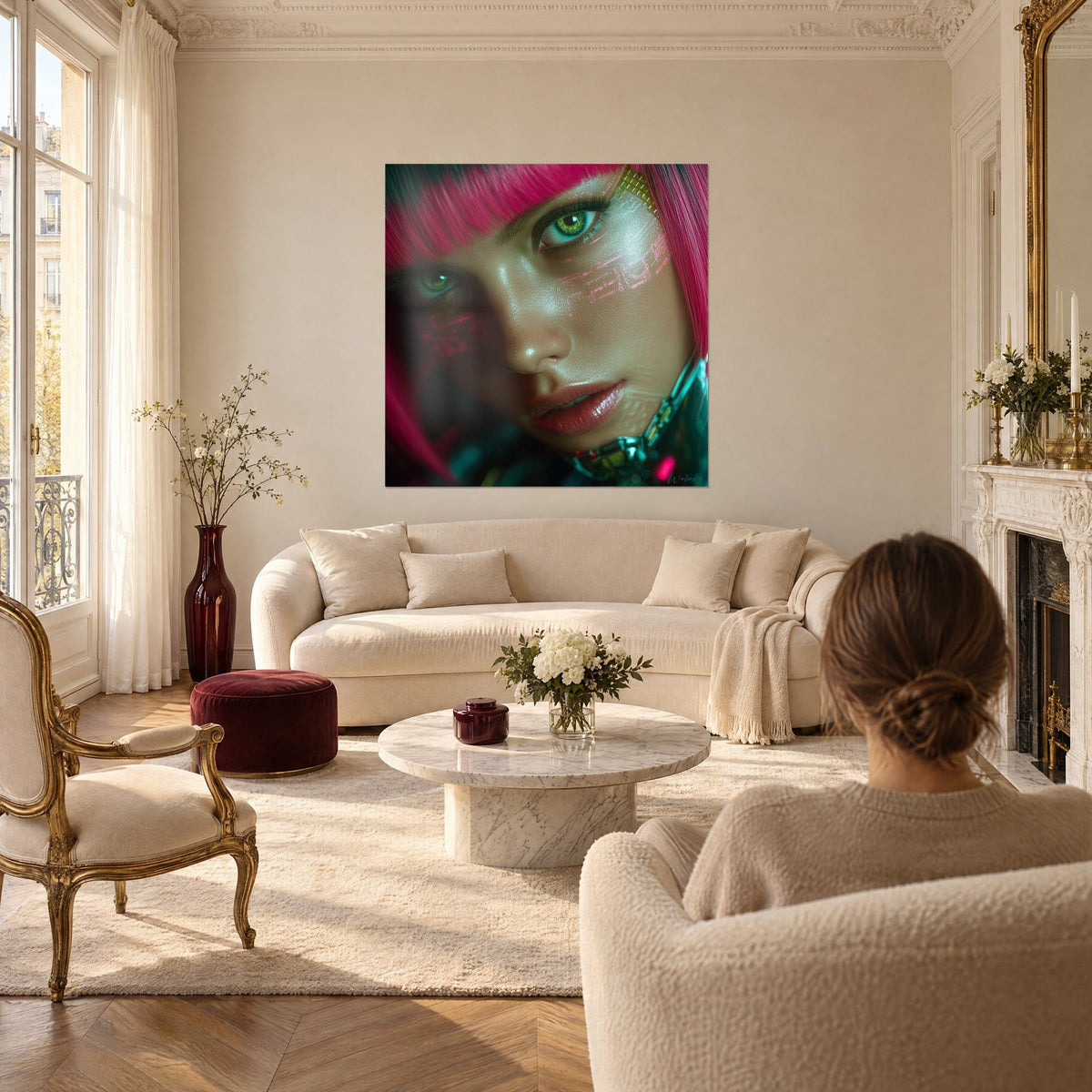 Quadro volto dai capelli rosa fucsia e occhi verdi, circuiti luminosi sulla guancia, sopra un divano in un soggiorno luminoso