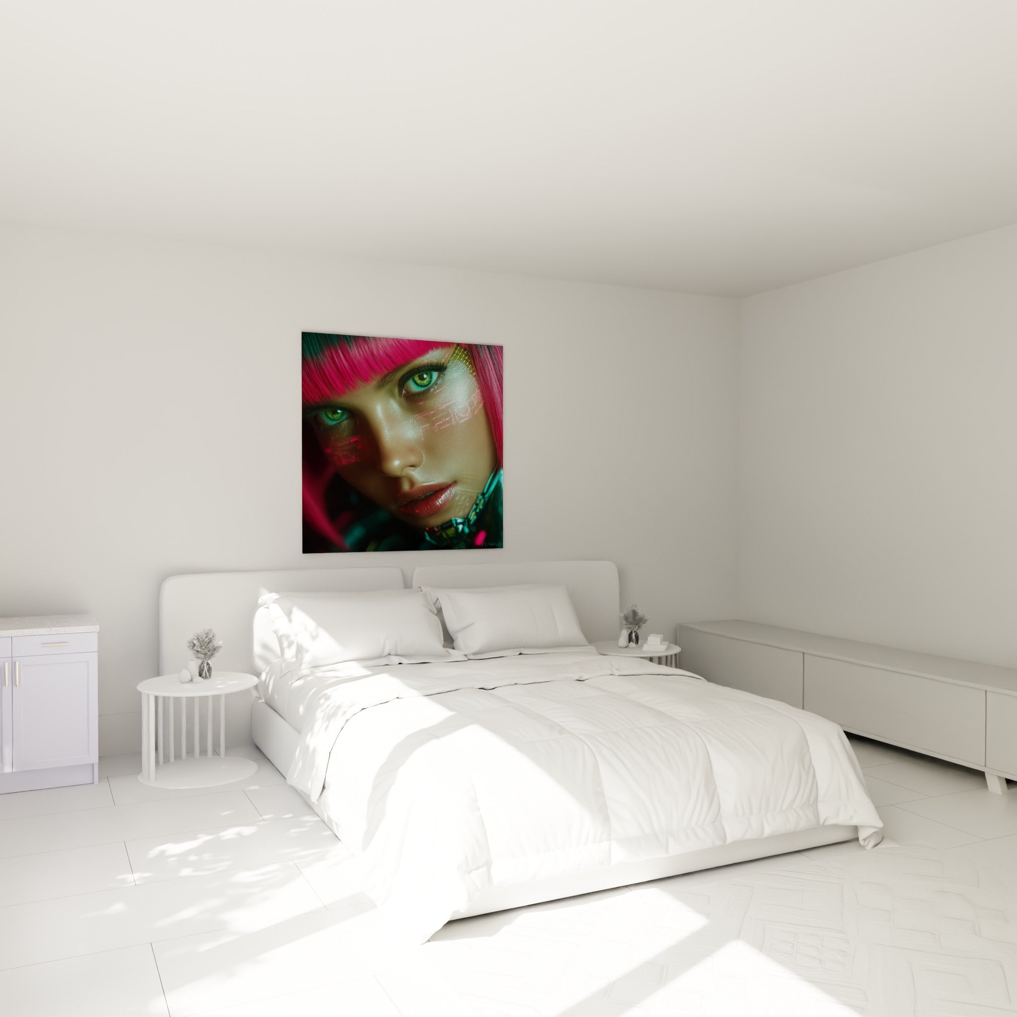 Portrait cyberpunk rose et turquoise accroché au-dessus d'un lit dans une chambre claire