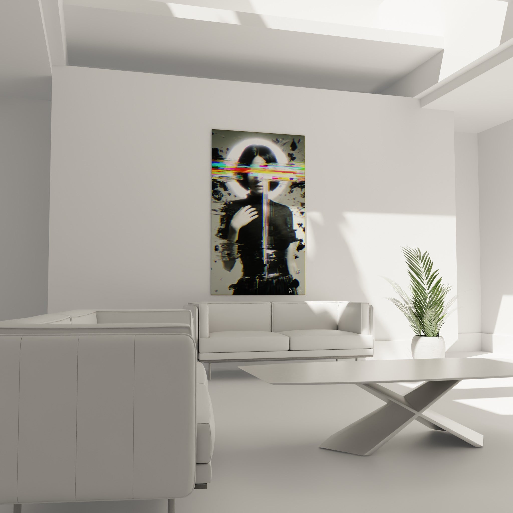 Portrait Cyberpunk noir et blanc percé d'éclats jaune et vert, au-dessus d'un canapé dans un salon lumineux