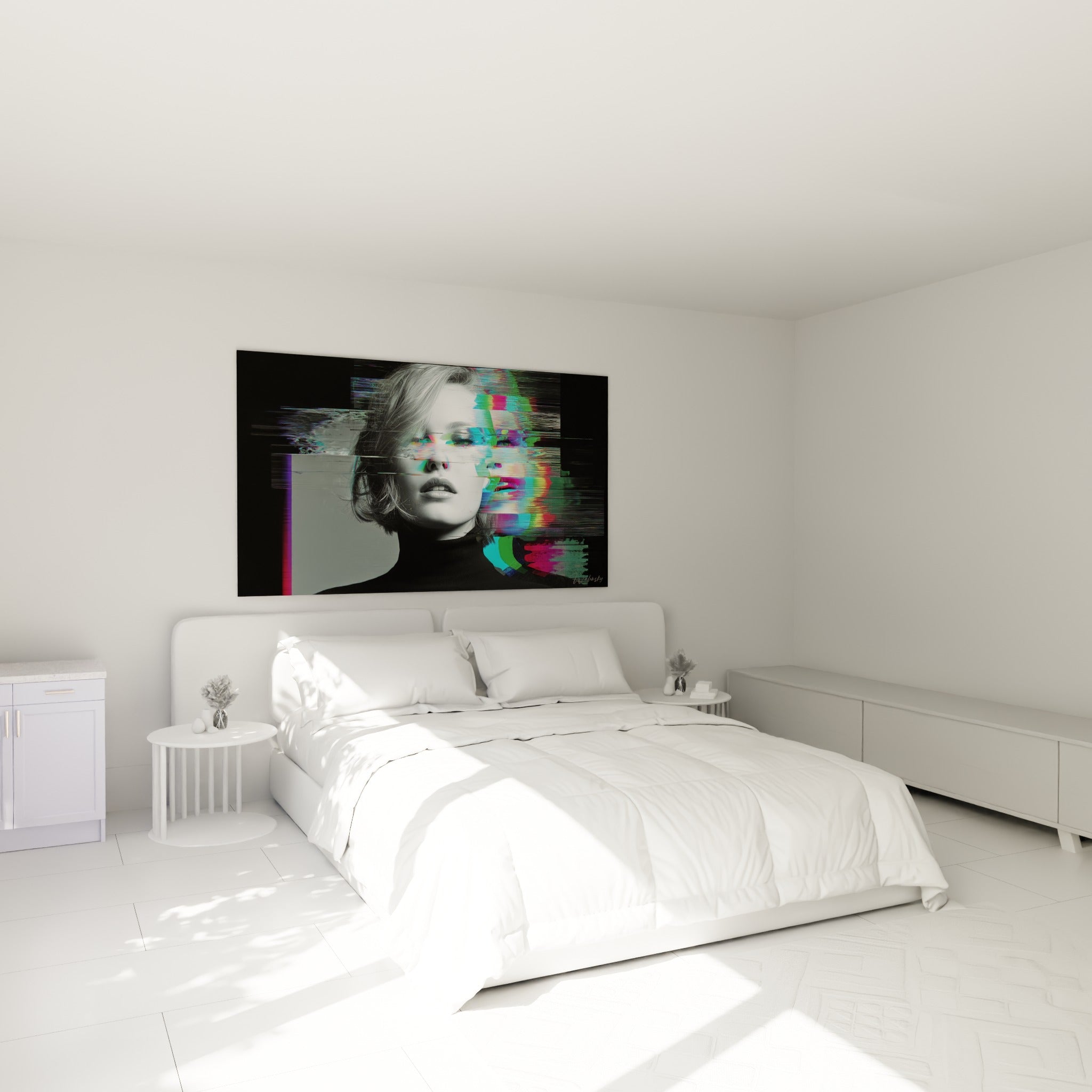 Portrait glitch anthracite et vert émeraude accroché au-dessus d'un lit dans une chambre claire
