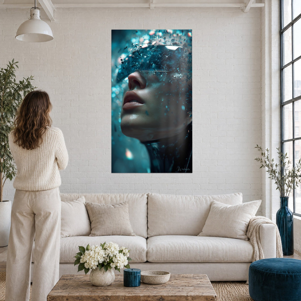 Tableau visage de profil aux éclats de verre turquoise, lèvres rosées, col noir, femme de dos, au-dessus d'un canapé dans un salon lumineux