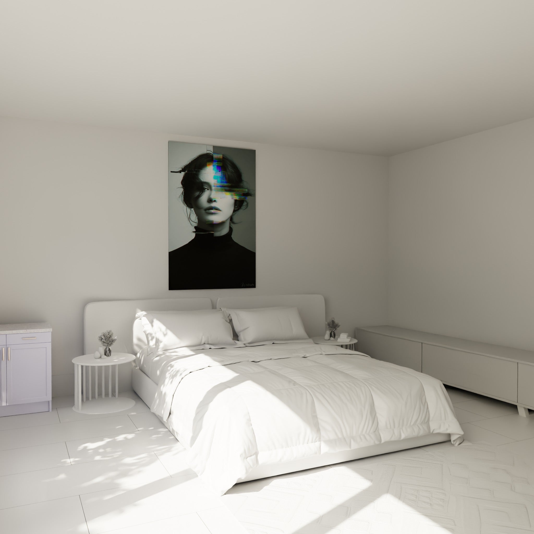 Portrait glitch gris et turquoise accroché au-dessus d'un lit dans une chambre claire