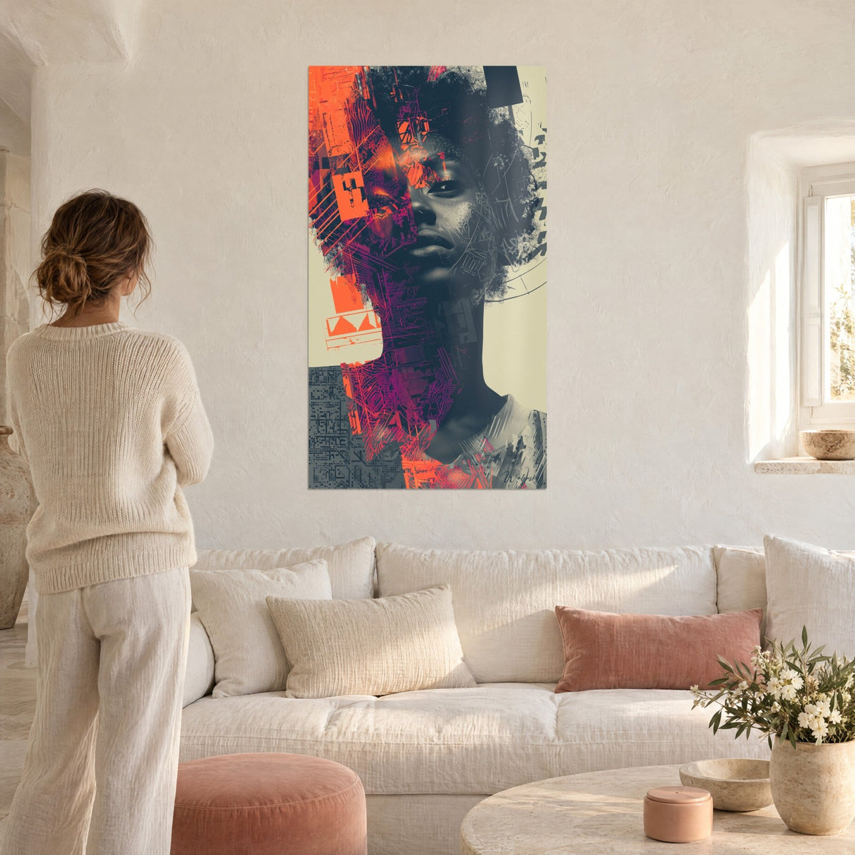 Tableau portrait afro en orange vif et gris ardoise, circuits imprimés violets, femme de dos, au-dessus d'un canapé dans un salon lumineux