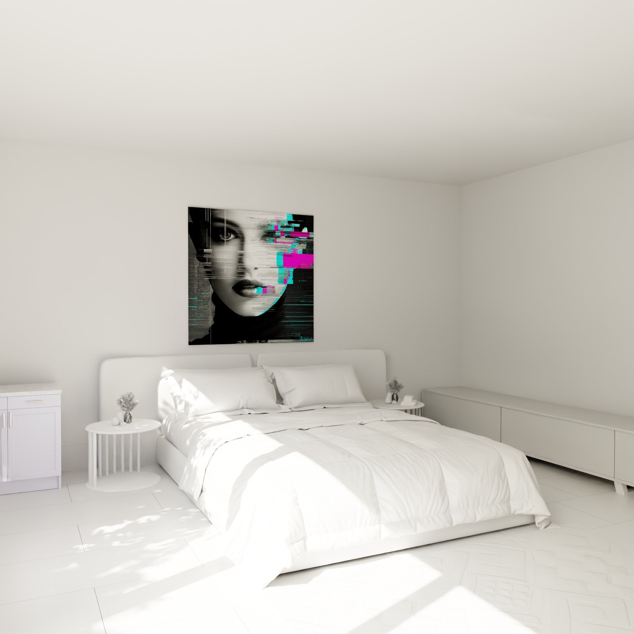 Portrait Cyberpunk aux glitchs magenta et cyan au-dessus d'un lit dans une chambre claire