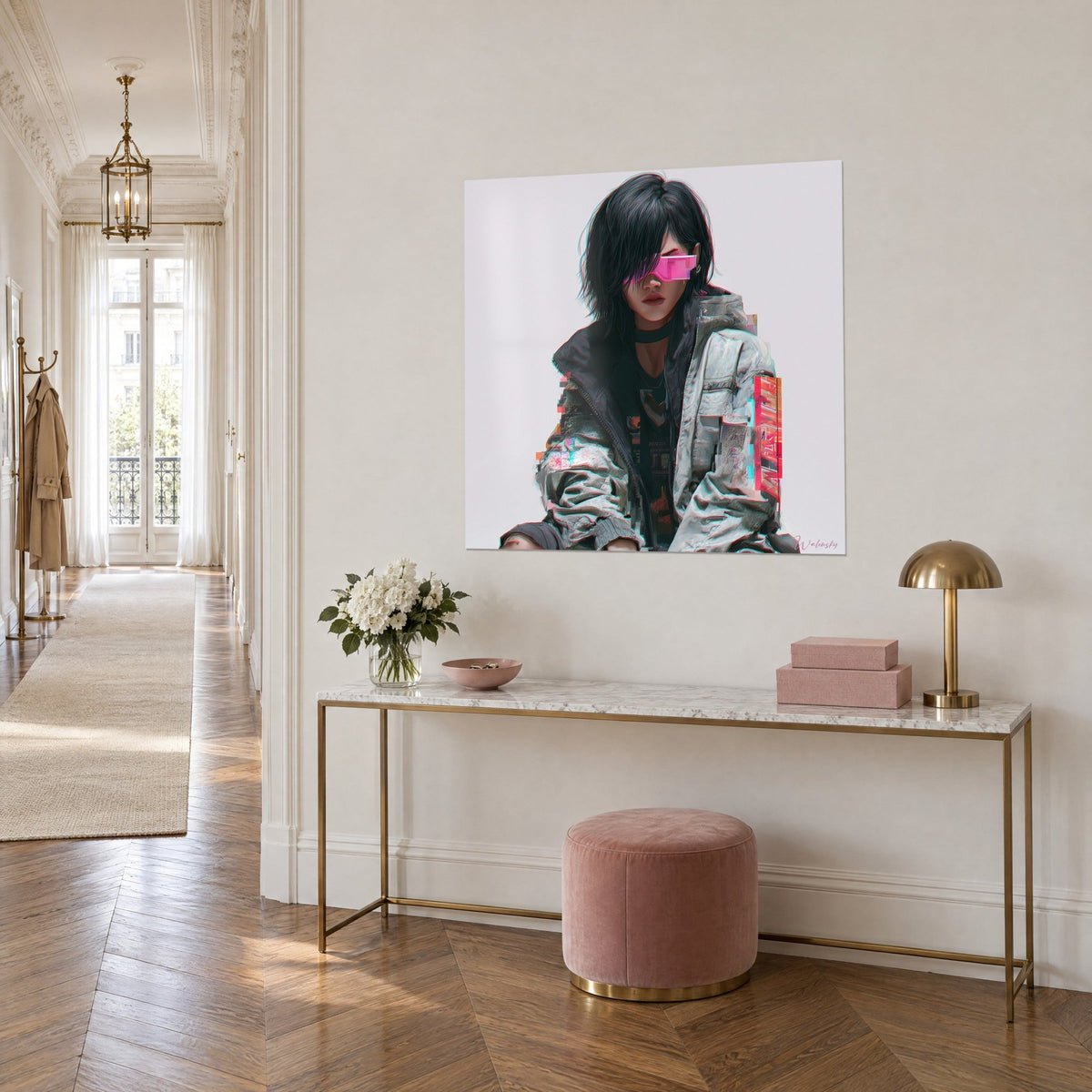 Cuadro joven de melena negra media, visera rosa fluorescente y chaqueta plateada con glitch, consola dorada en tres cuartos