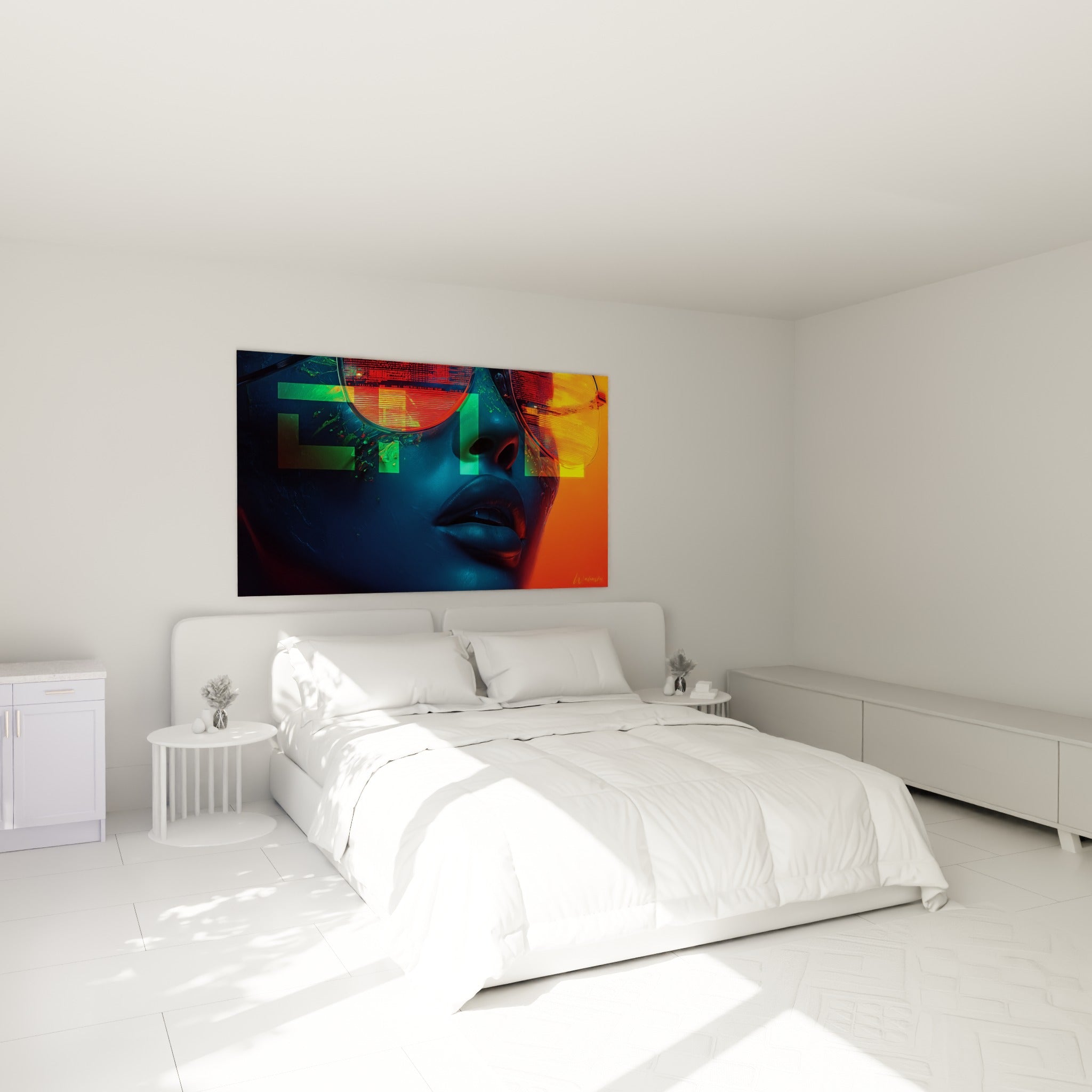 Portrait bleu et orange aux reflets urbains, tableau Cyberpunk au-dessus d'un lit dans une chambre claire