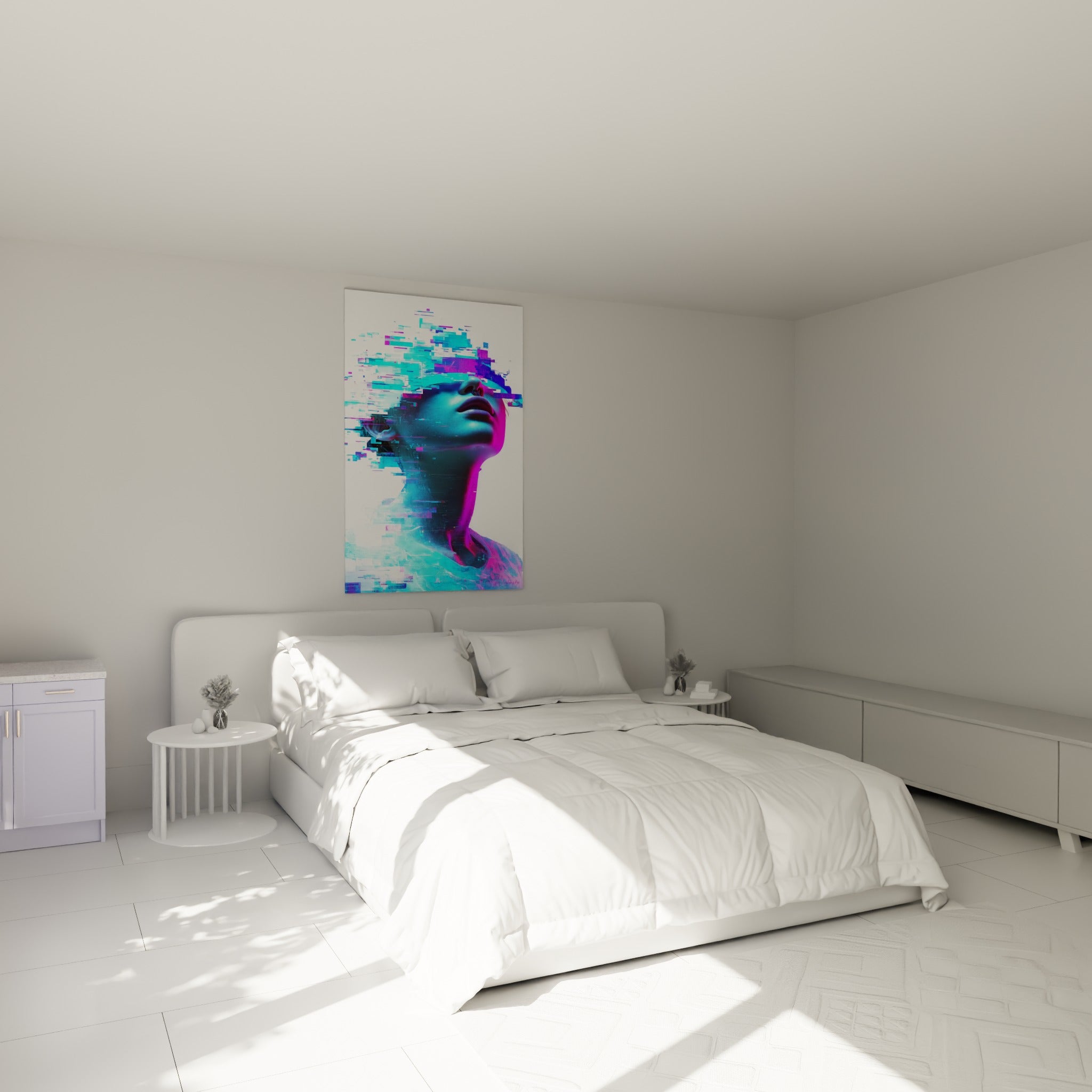 Portrait Cyberpunk aux pixels turquoise et magenta au-dessus d'un lit dans une chambre claire