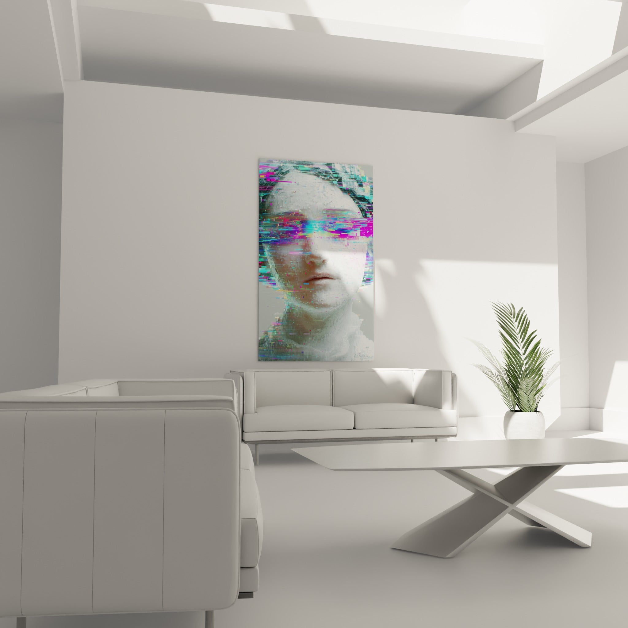 Portrait glitché en blanc et magenta, tableau Cyberpunk au-dessus d'un canapé dans un salon lumineux