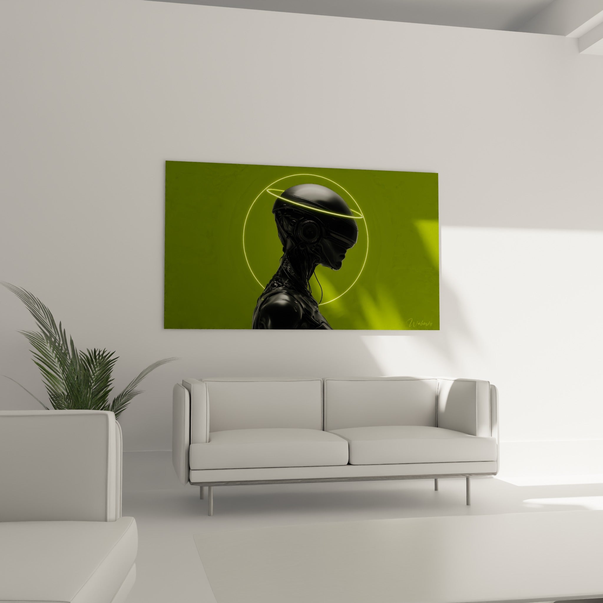 Silhouette d'androïde anthracite au halo vert lumineux au-dessus d'un canapé dans un salon lumineux