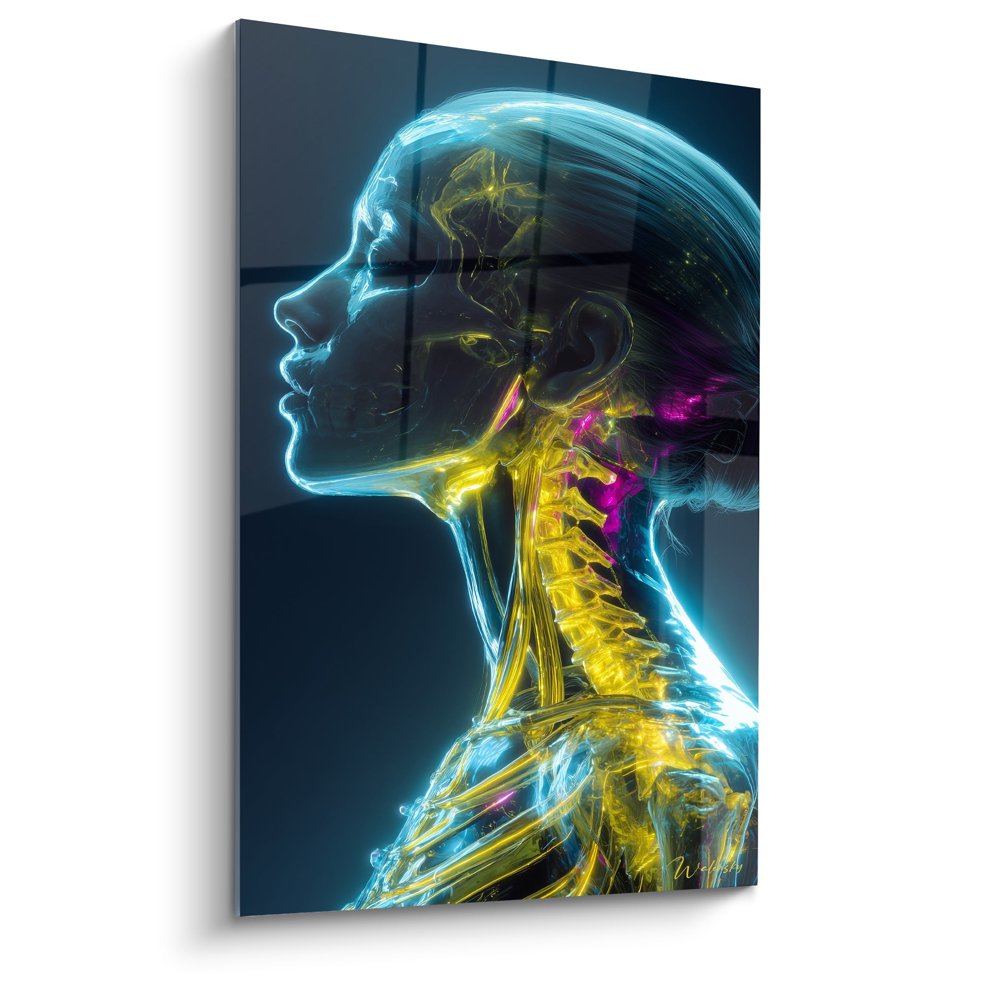 Tableau Cyberpunk d'un profil bleu translucide à colonne vertébrale dorée sur fond sombre