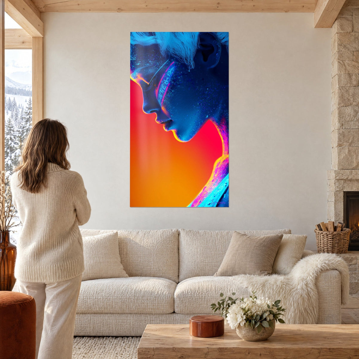 Tableau profil néon au front inscrit de runes bleues, fond orange vif, une femme de dos au-dessus d'un canapé dans un salon lumineux