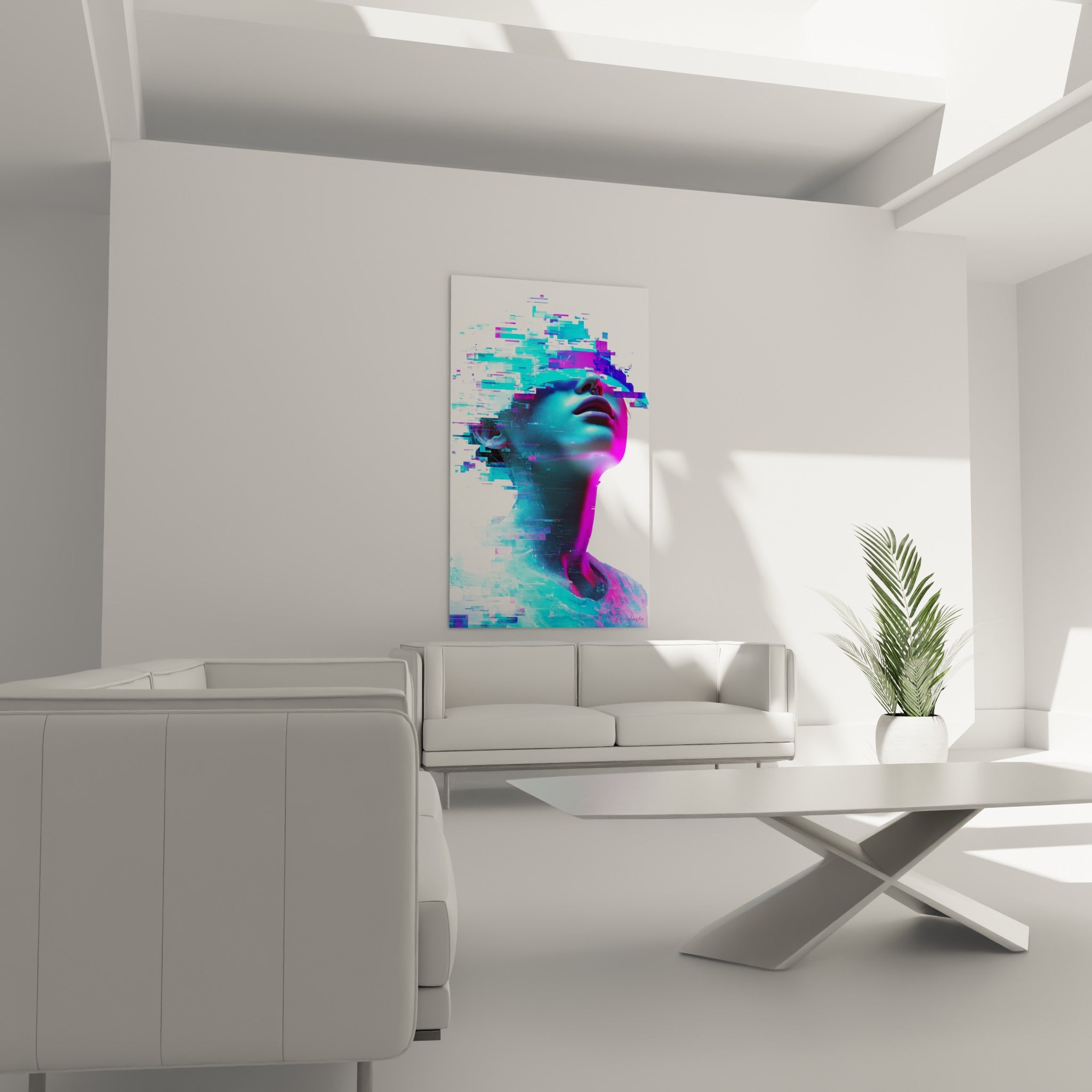 Silhouette Cyberpunk fragmentée en tons bleutés et roses au-dessus d'un canapé dans un salon lumineux