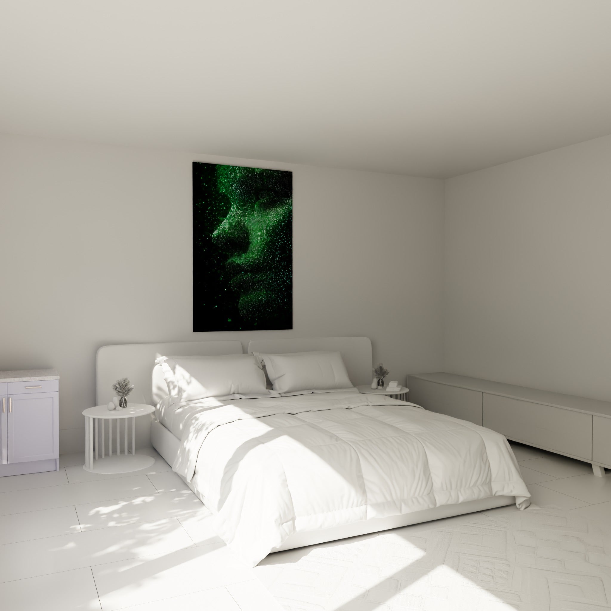 Profil Cyberpunk vert émeraude sur fond noir, accroché au-dessus d'un lit dans une chambre claire