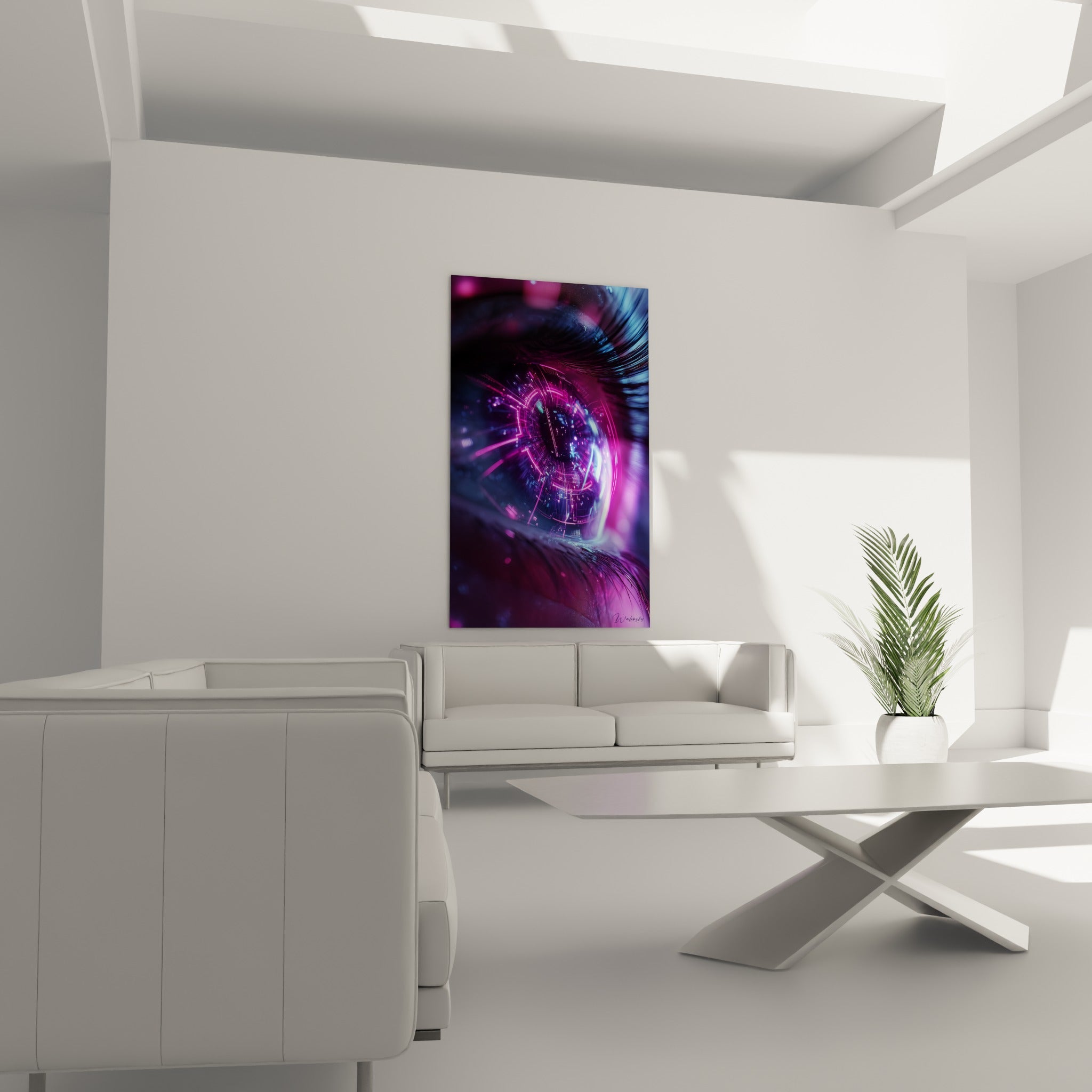 Pupille électrique fuchsia et bleu nuit entourée de filaments lumineux, au-dessus d'un canapé dans un salon lumineux