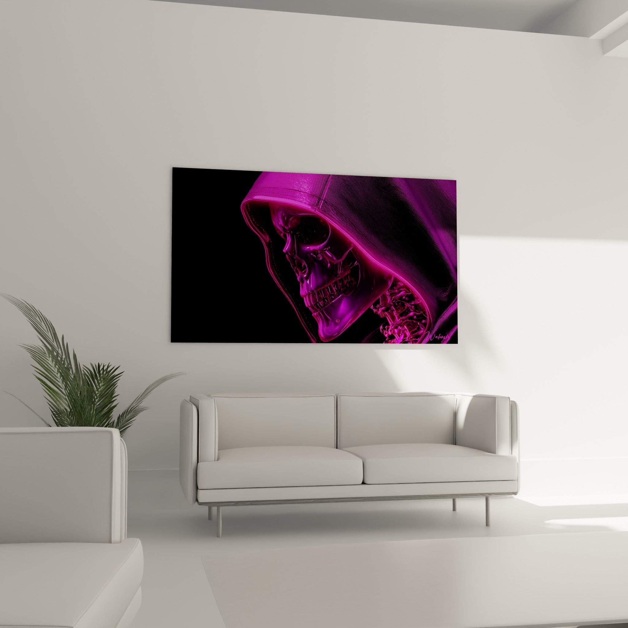 Crâne chromé cyberpunk aux reflets magenta suspendu au-dessus d'un canapé dans un salon lumineux