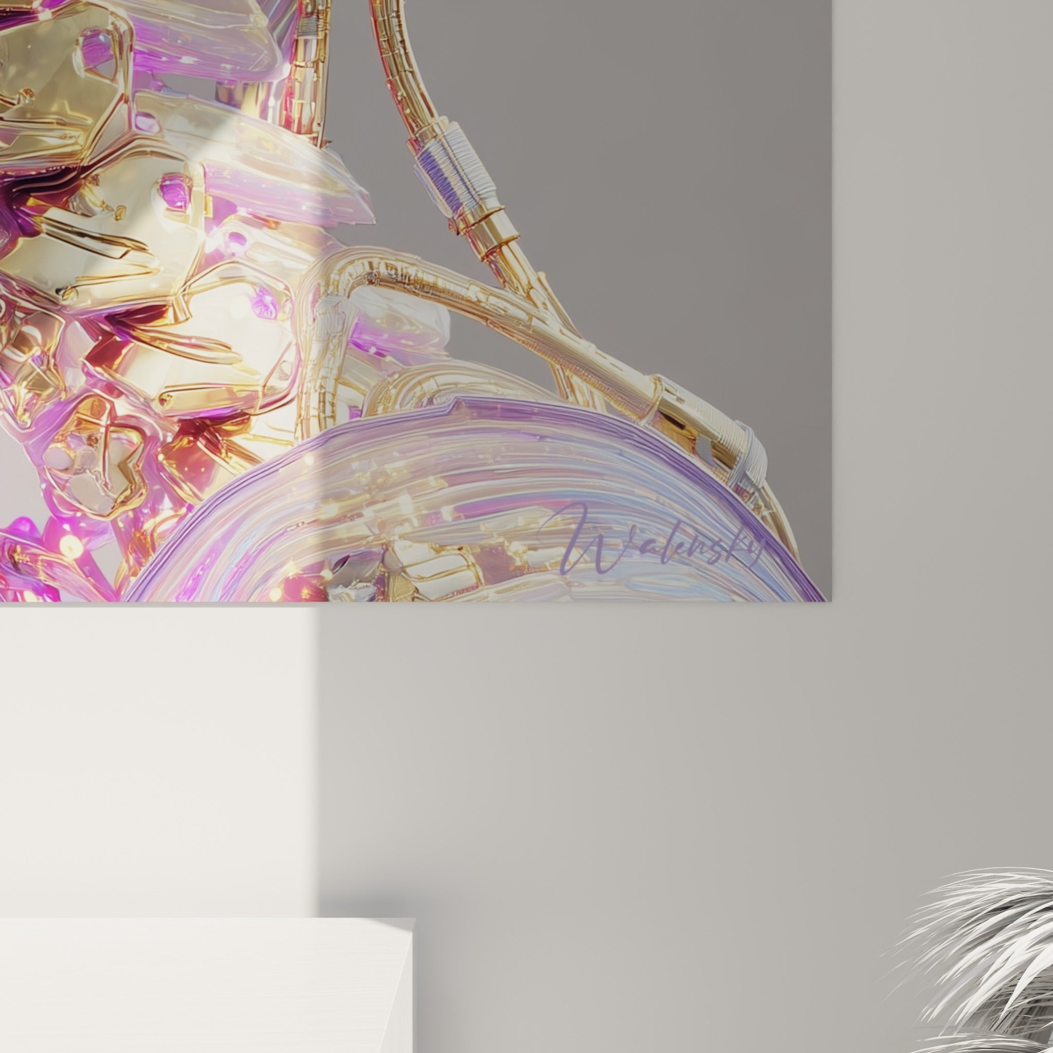 Reflets magenta et dorés sur la matière translucide du crâne Cyberpunk, grain fin et coulures lumineuses