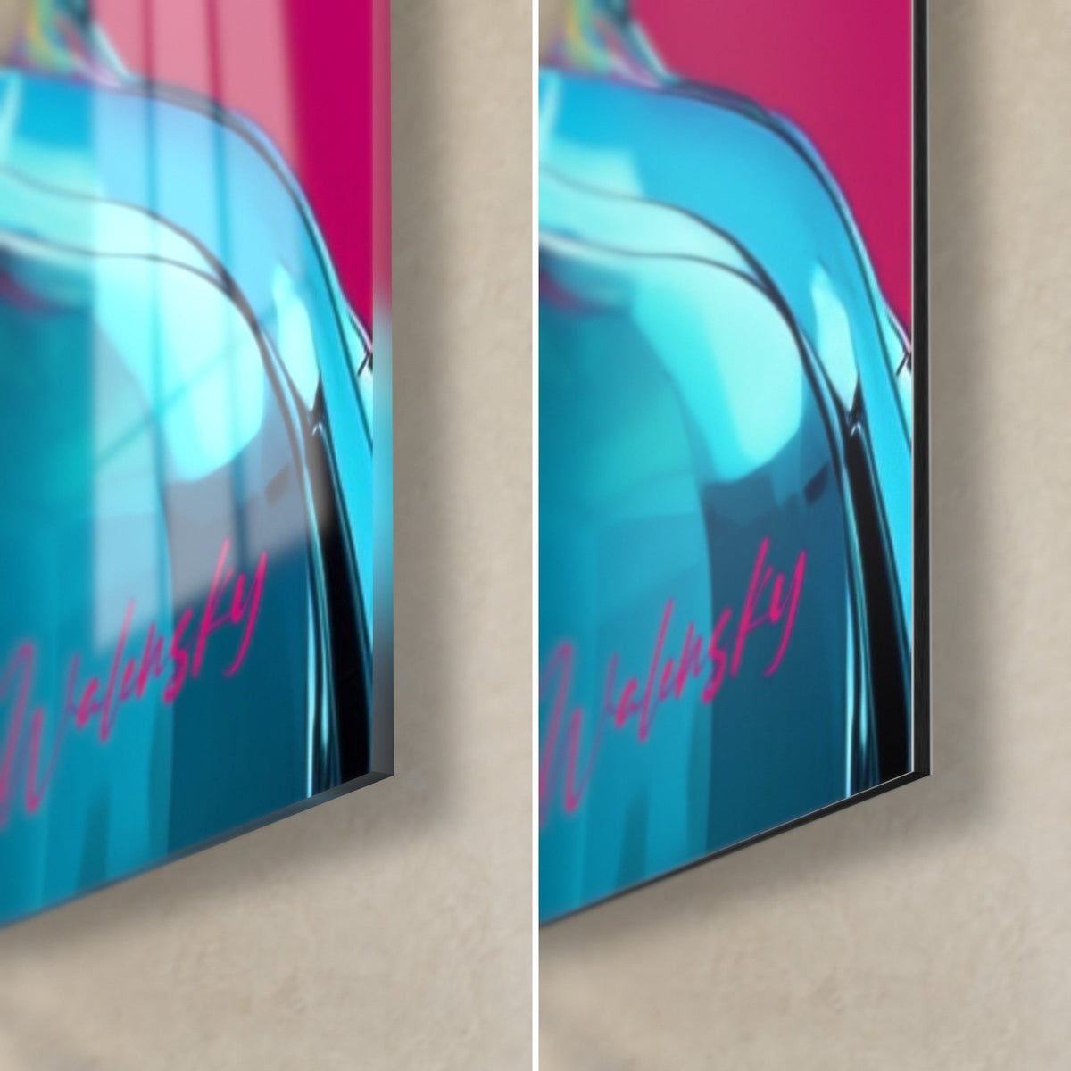 Cuadro de anatomía cyberpunk en azul turquesa y fucsia, esquina inferior derecha: cristal brillante a la izquierda, Dibond mate a la derecha, canto de 3 mm