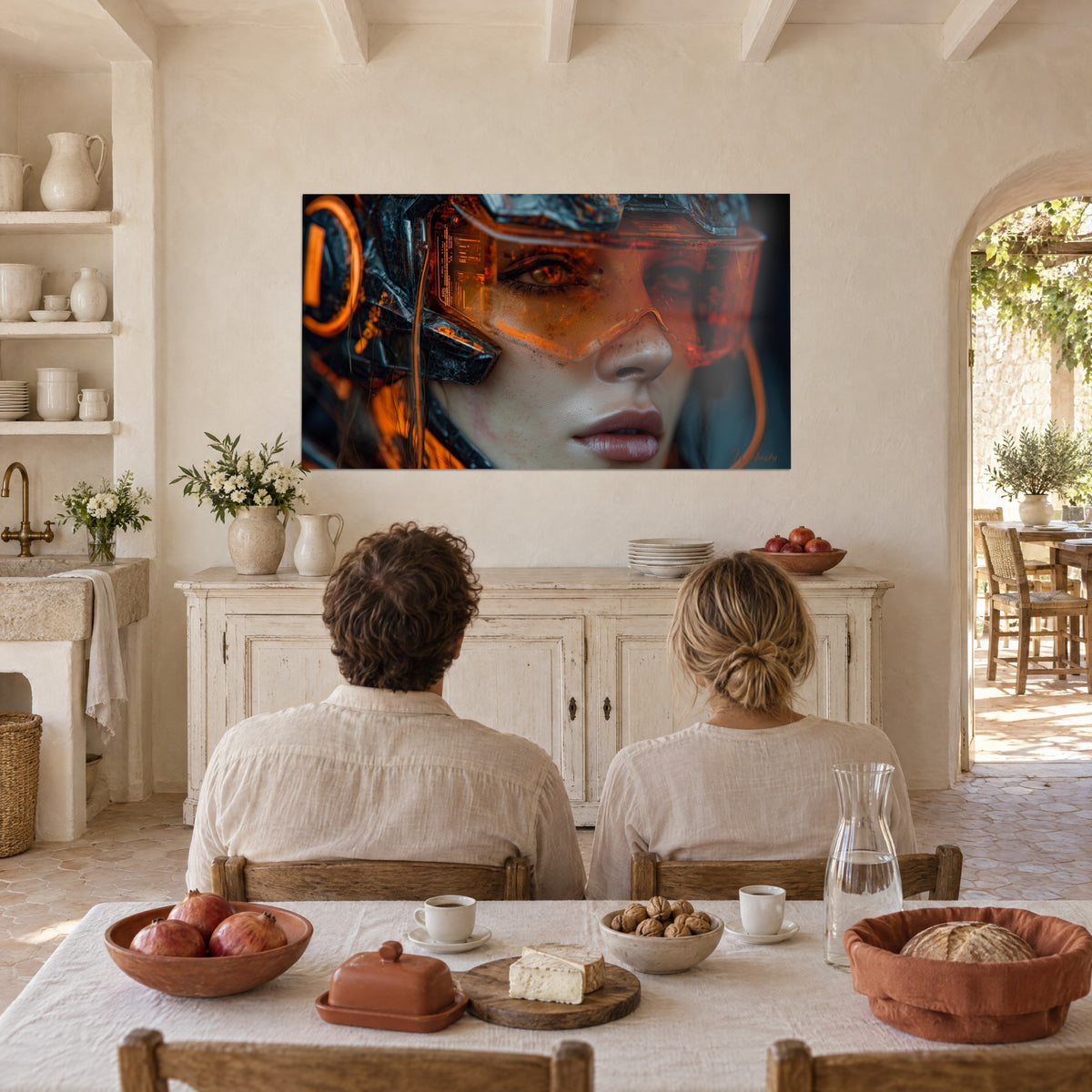 Cuadro mujer cyberpunk, labios rosados y pecas bajo una visera naranja, casco negro, comedor con pared de estuco beige