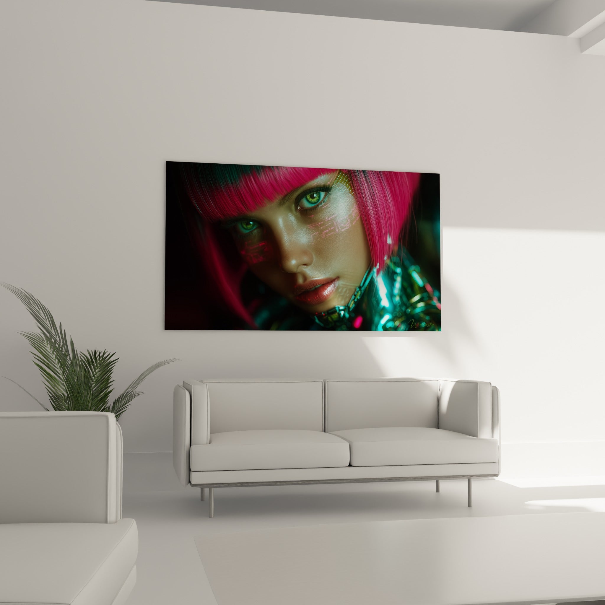 Regard vert perçant du portrait Cyberpunk fuchsia et anthracite au-dessus d'un canapé dans un salon lumineux