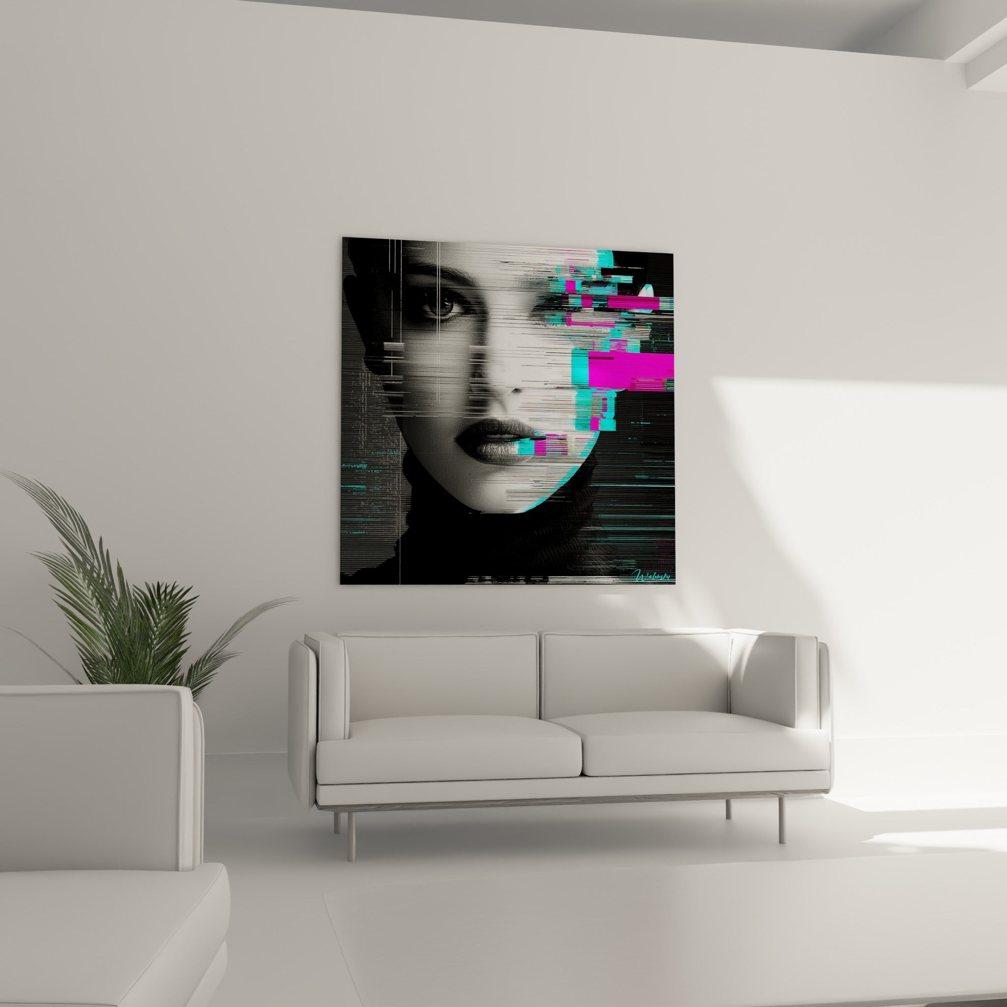 Regard Cyberpunk fragmenté en cyan et magenta au-dessus d'un canapé dans un salon lumineux