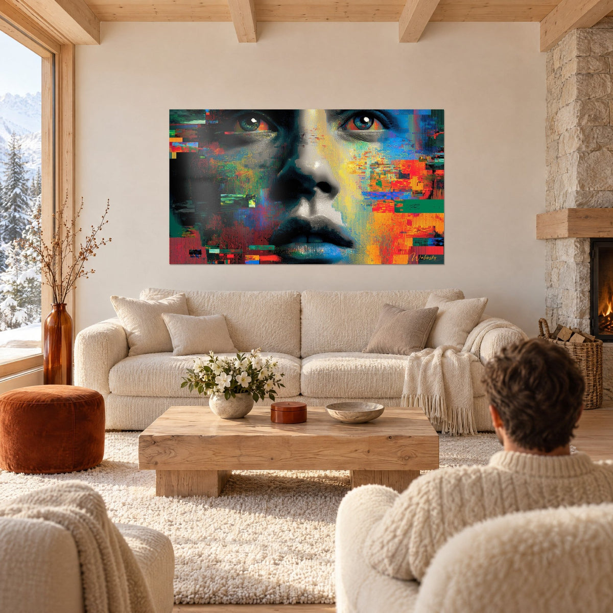Tableau visage de profil pixelisé, yeux turquoise, joues orange et vert, au-dessus d'un canapé dans un salon lumineux