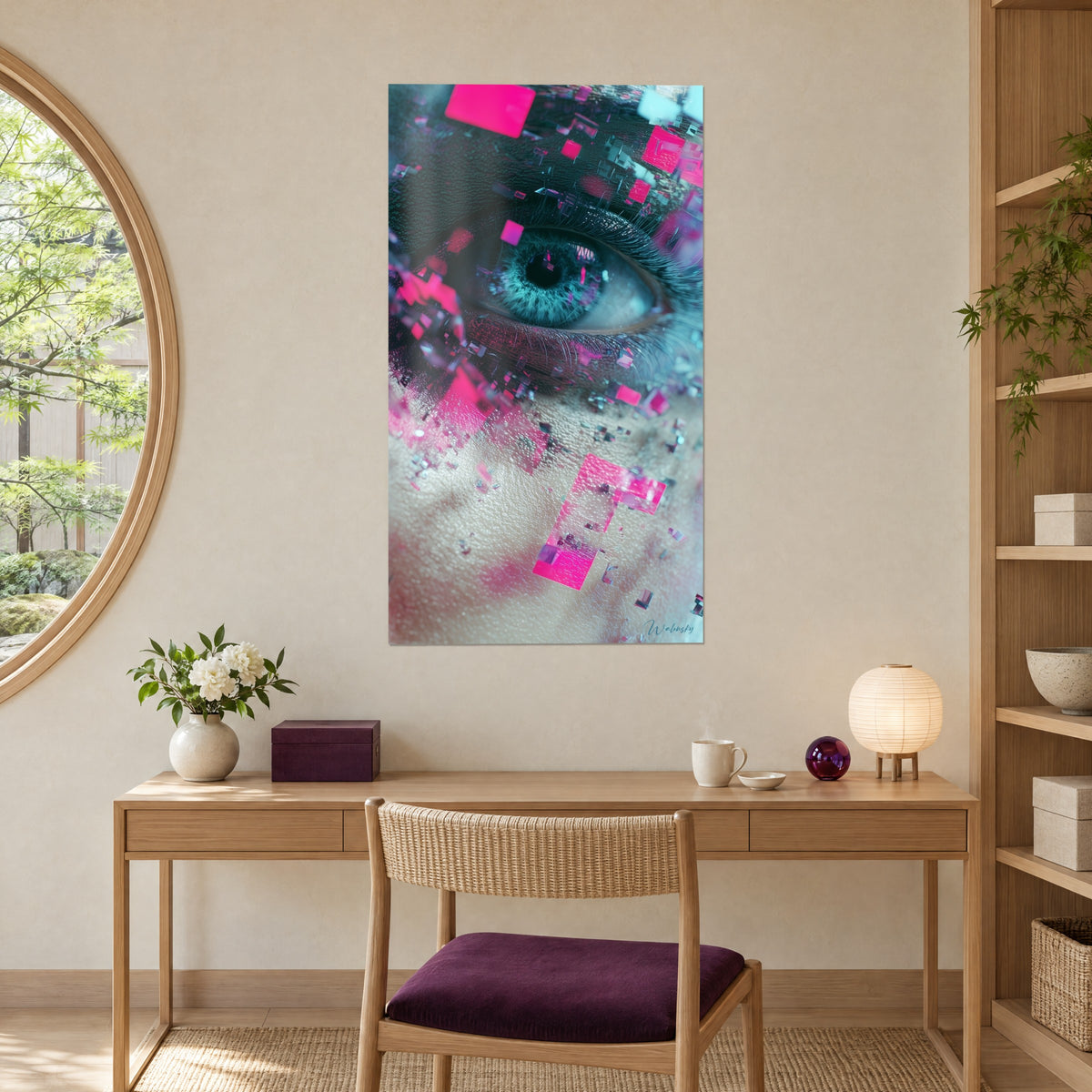 Schilderij bevroren turquoise iris bezaaid met roze en paarse vierkante fragmenten, opgehangen boven een bureau van licht hout naast een ronde lamp