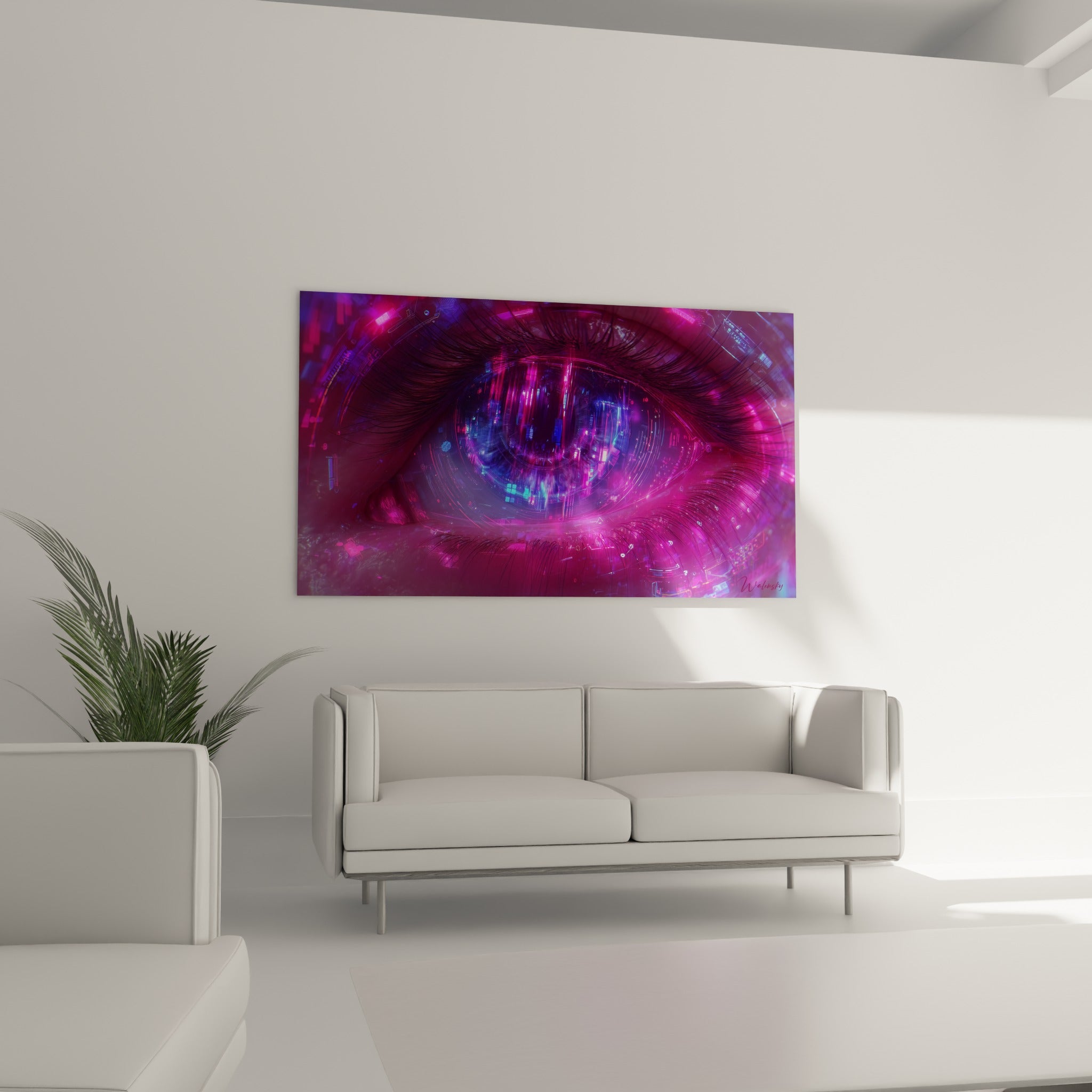Regard futuriste fuchsia et bleu néon aux cils détaillés, installé au-dessus d'un canapé dans un salon lumineux