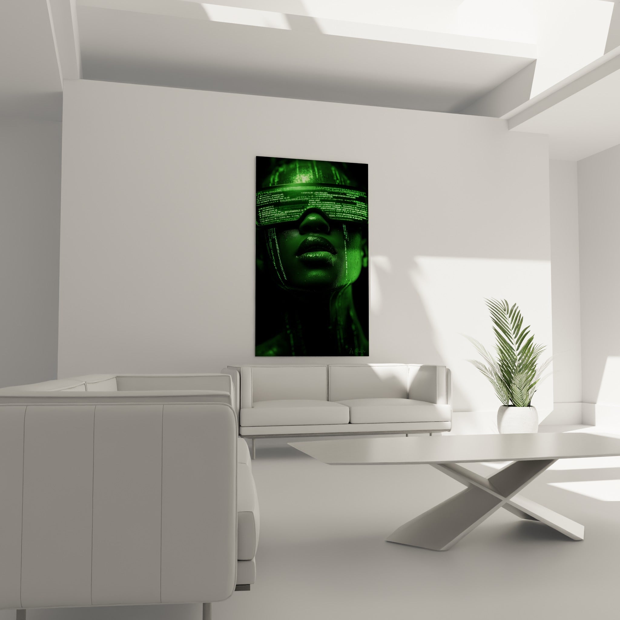 Regard masqué de code vert fluorescent Cyberpunk au-dessus d'un canapé dans un salon lumineux