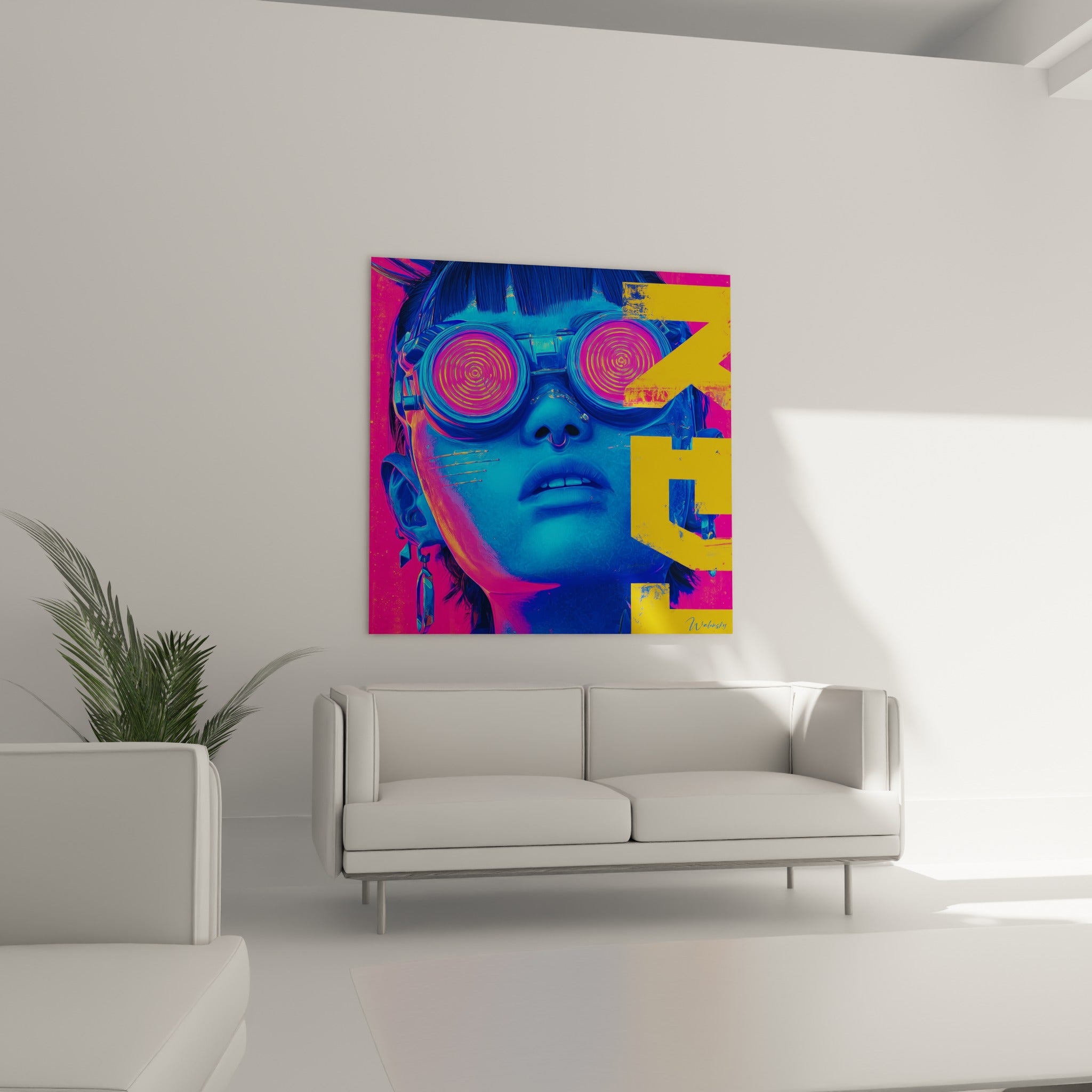 Regard bleu turquoise et lunettes hypnotiques Cyberpunk, au-dessus d'un canapé dans un salon lumineux