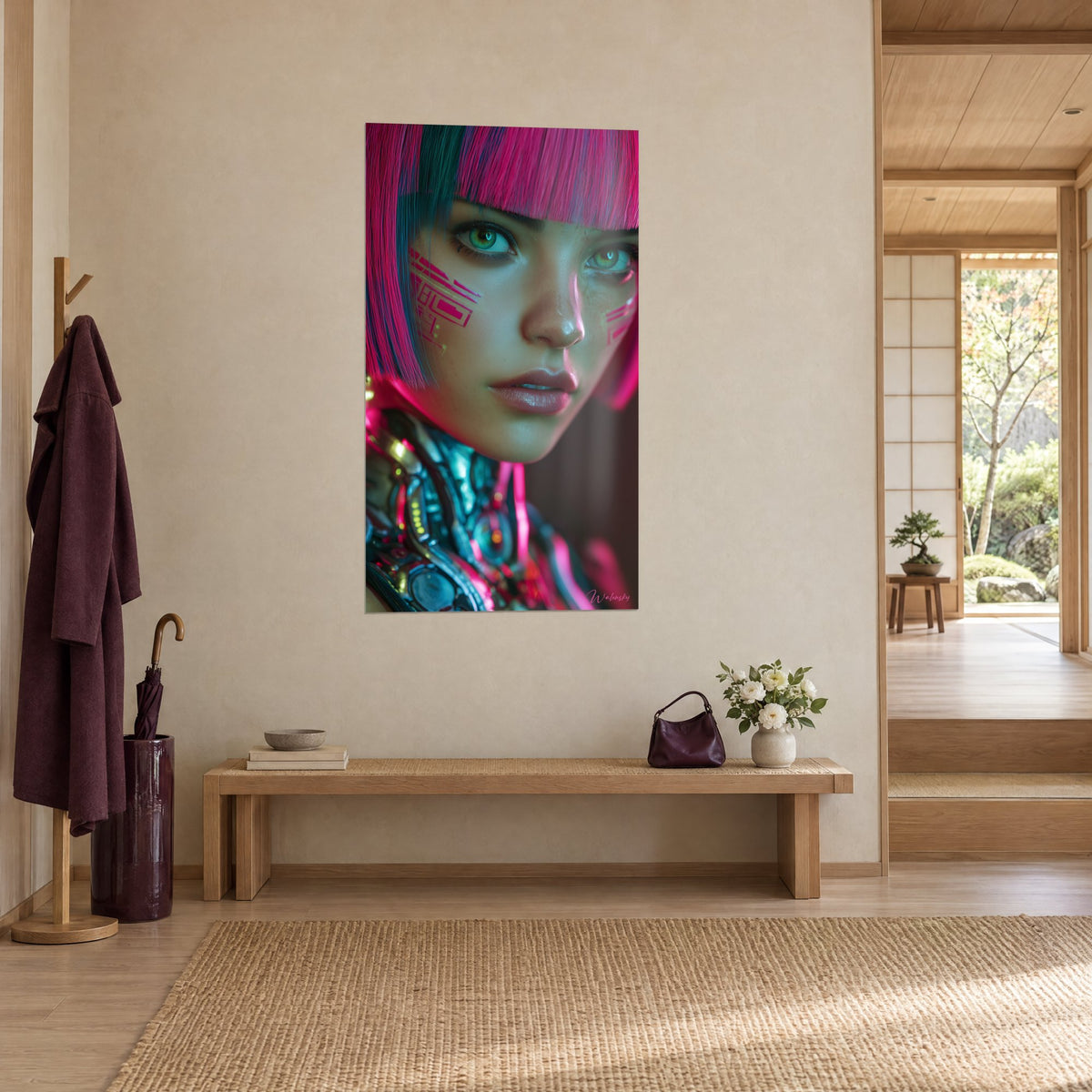 Tableau cyborg à la frange magenta et motifs dorés sur la joue, cou mécanique bleu, vue de trois-quarts près d'une banquette en bois