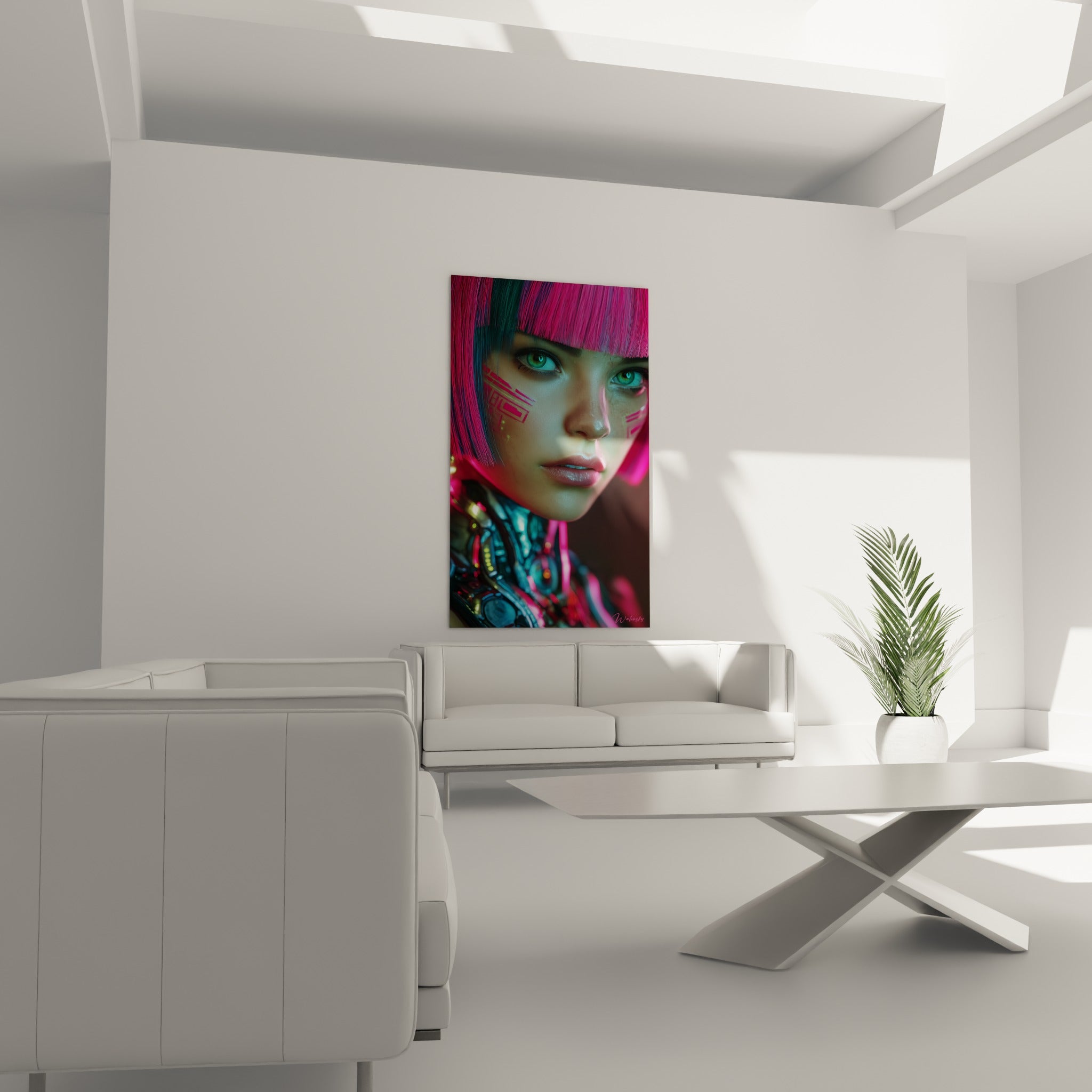 Regard vert perçant sous une chevelure fuchsia, tableau Cyberpunk au-dessus d'un canapé dans un salon lumineux