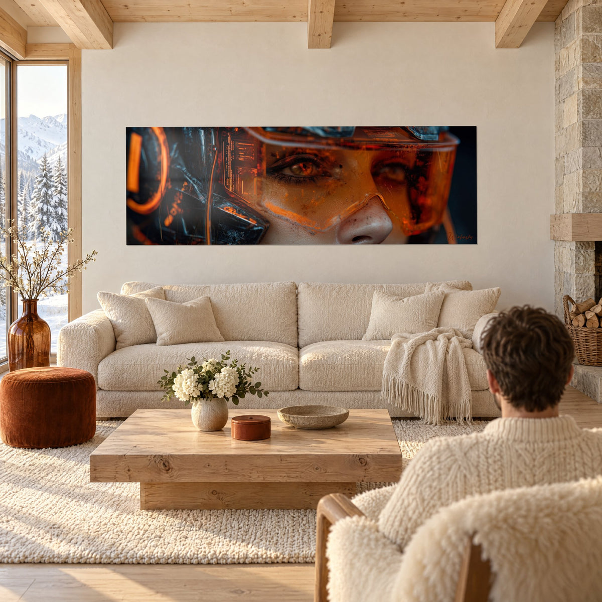 Quadro volto di cyborg dallo sguardo ambrato, visiera arancione e armatura nera, sopra un divano in un soggiorno luminoso