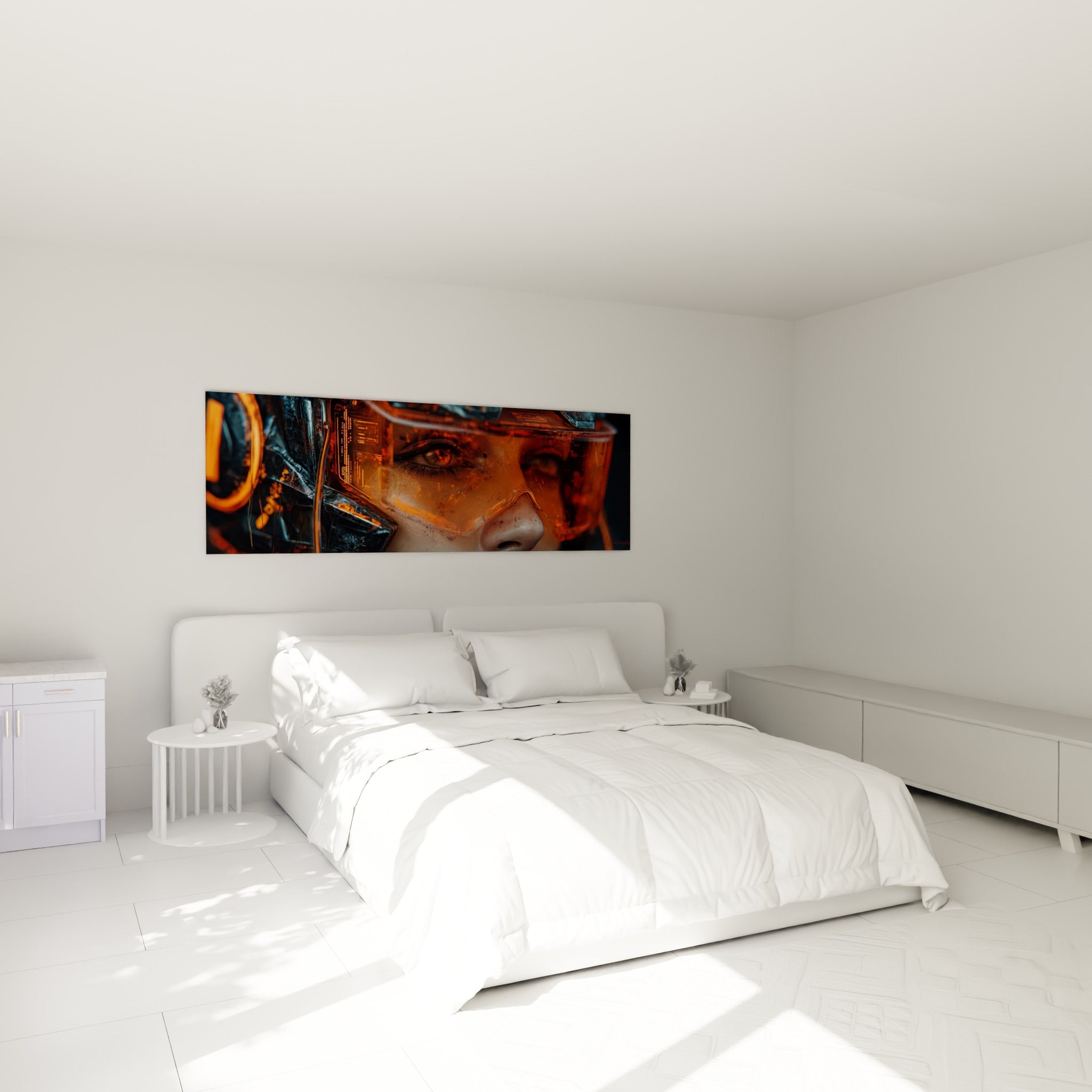 Regard Cyberpunk intense, teintes anthracite et orangées, accroché au-dessus d'un lit dans une chambre claire